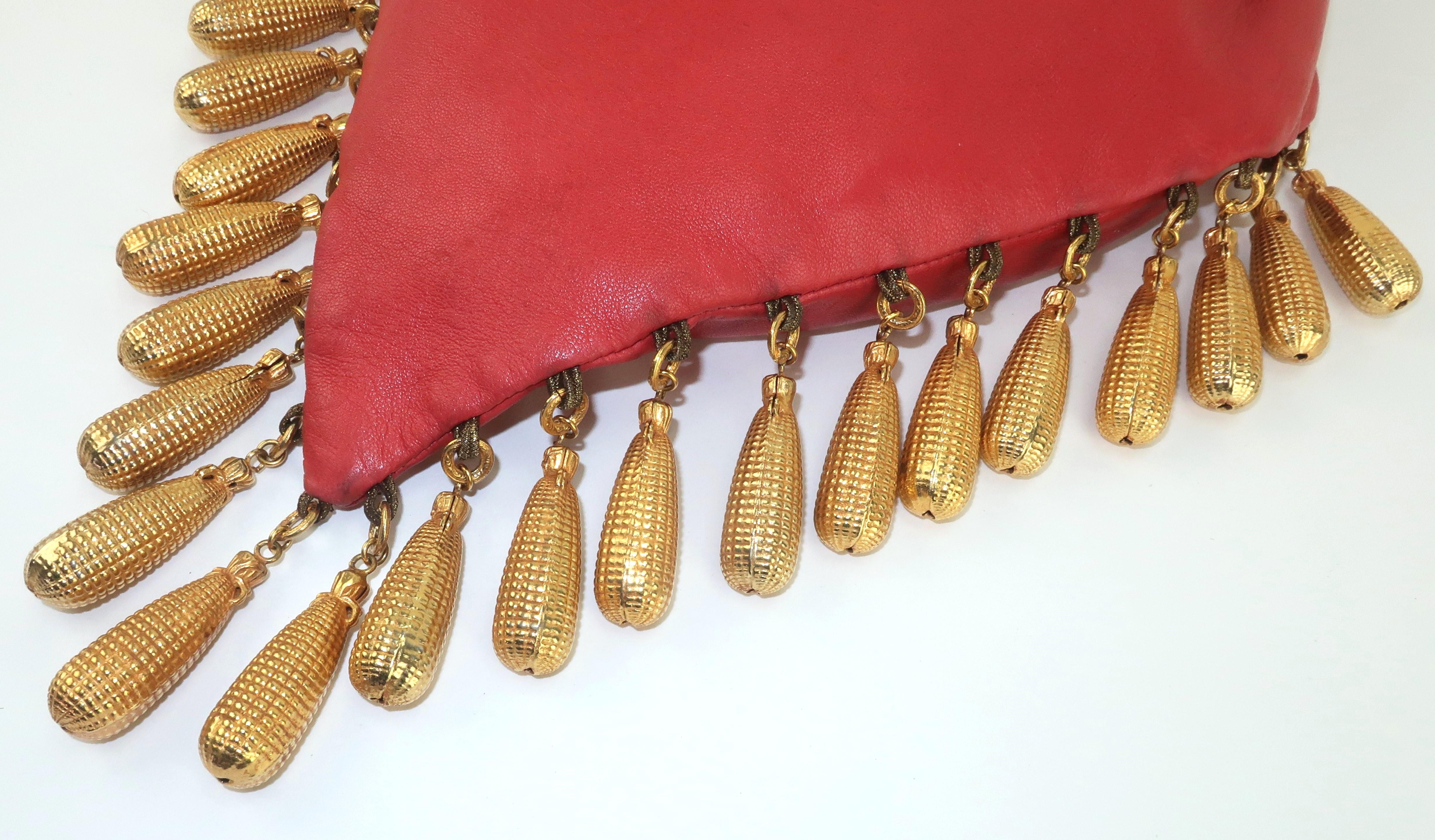 Dominique Aurientis Leather & Gold Tone Charm Drawstring Handbag, 1980's In Good Condition For Sale In Atlanta, GA