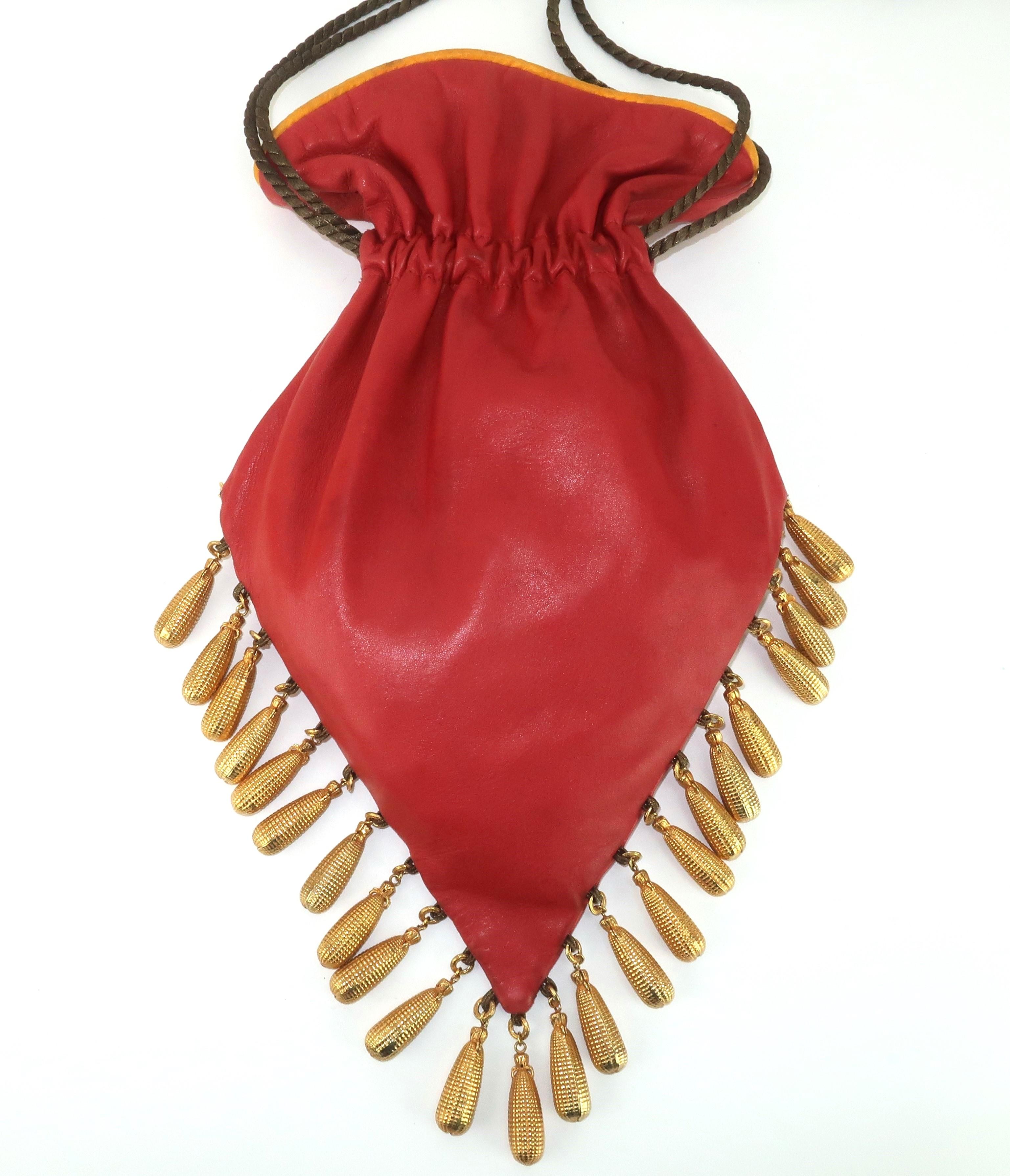 Dominique Aurientis Leather & Gold Tone Charm Drawstring Handbag, 1980's 2
