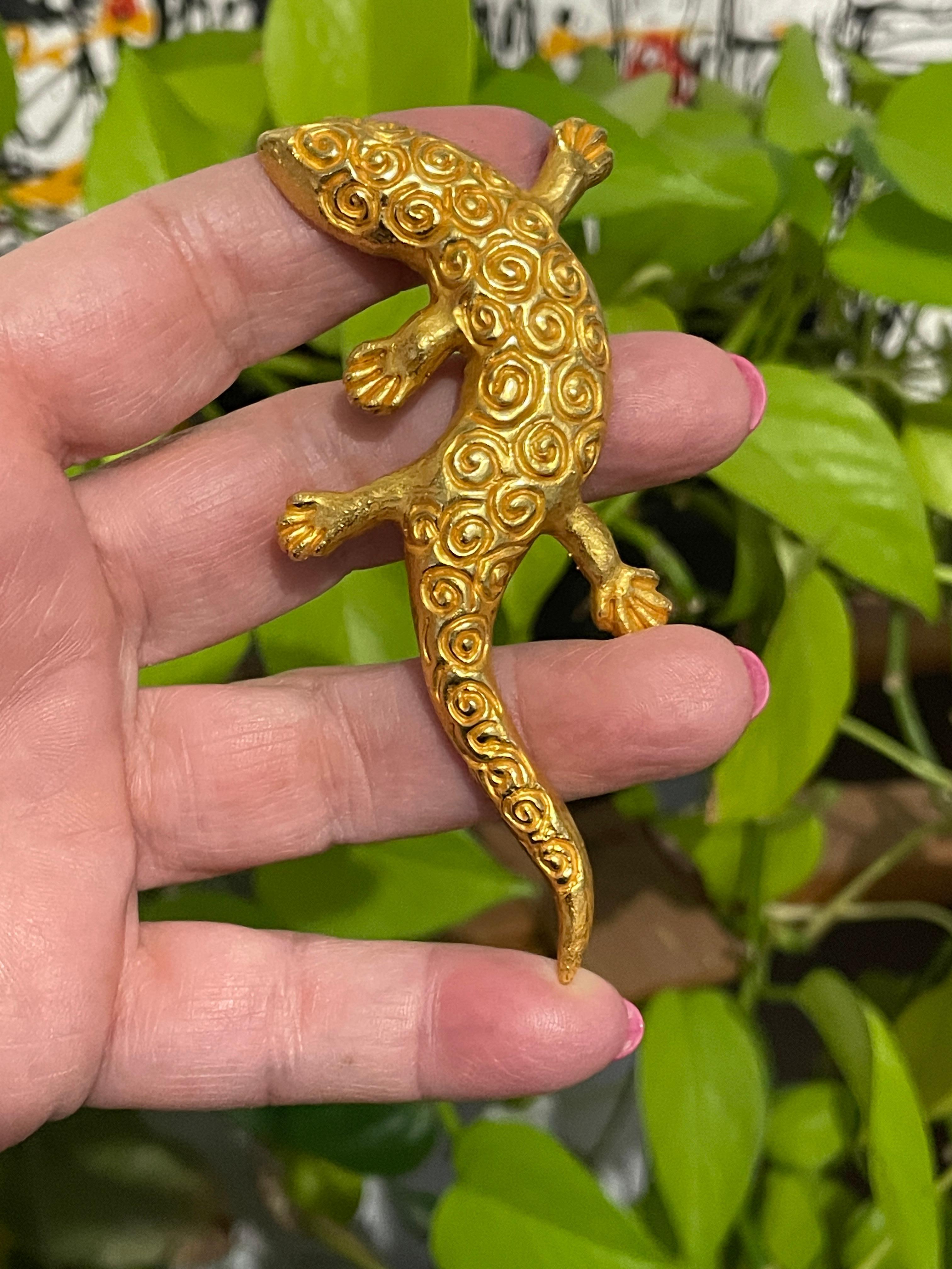 Women's  Dominique Aurientis Made France Lizard Gilt Gold Pin Brooch, Never worn 1980s For Sale