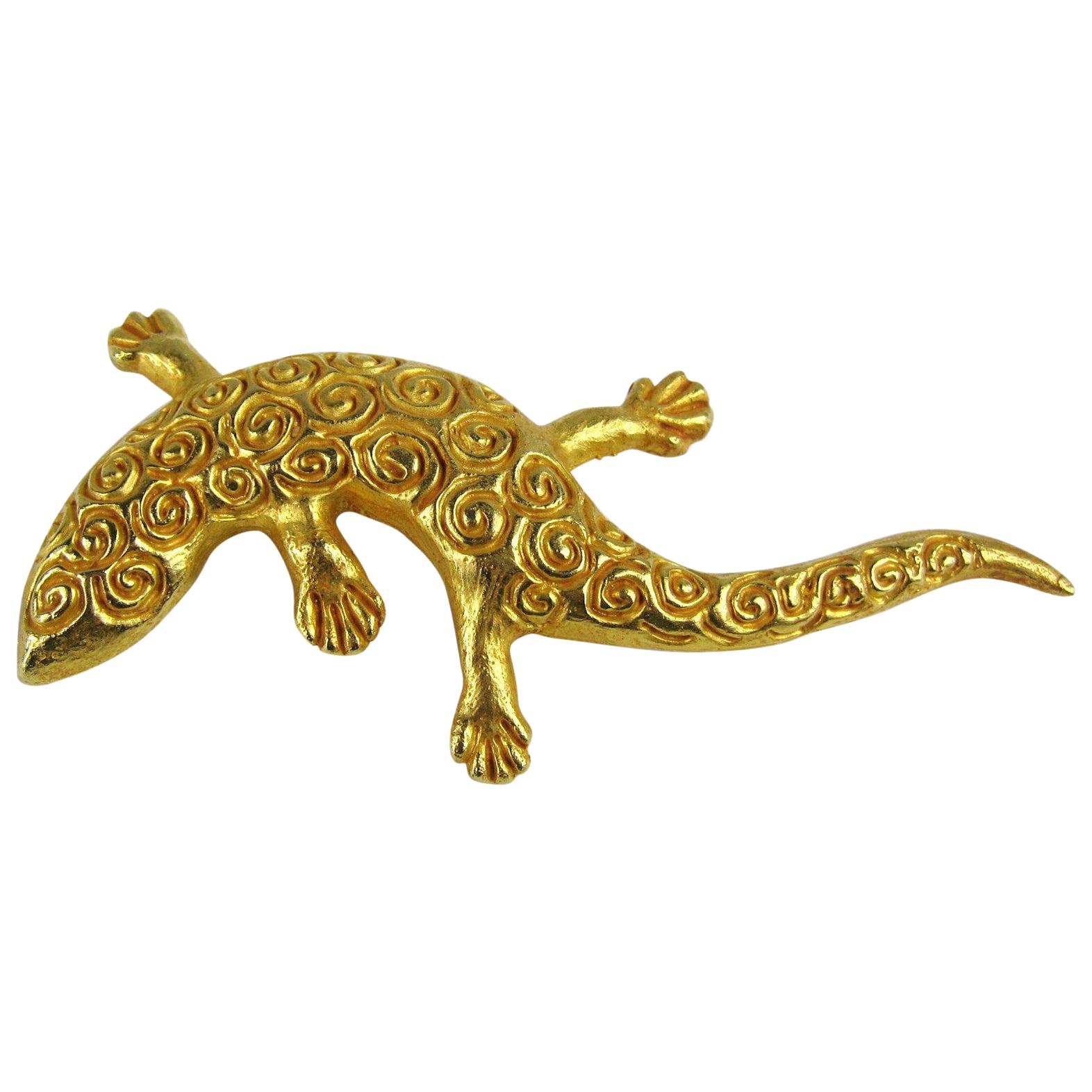  Dominique Aurientis Made France Lizard Gilt Gold Pin Brooch, Never worn 1980s For Sale