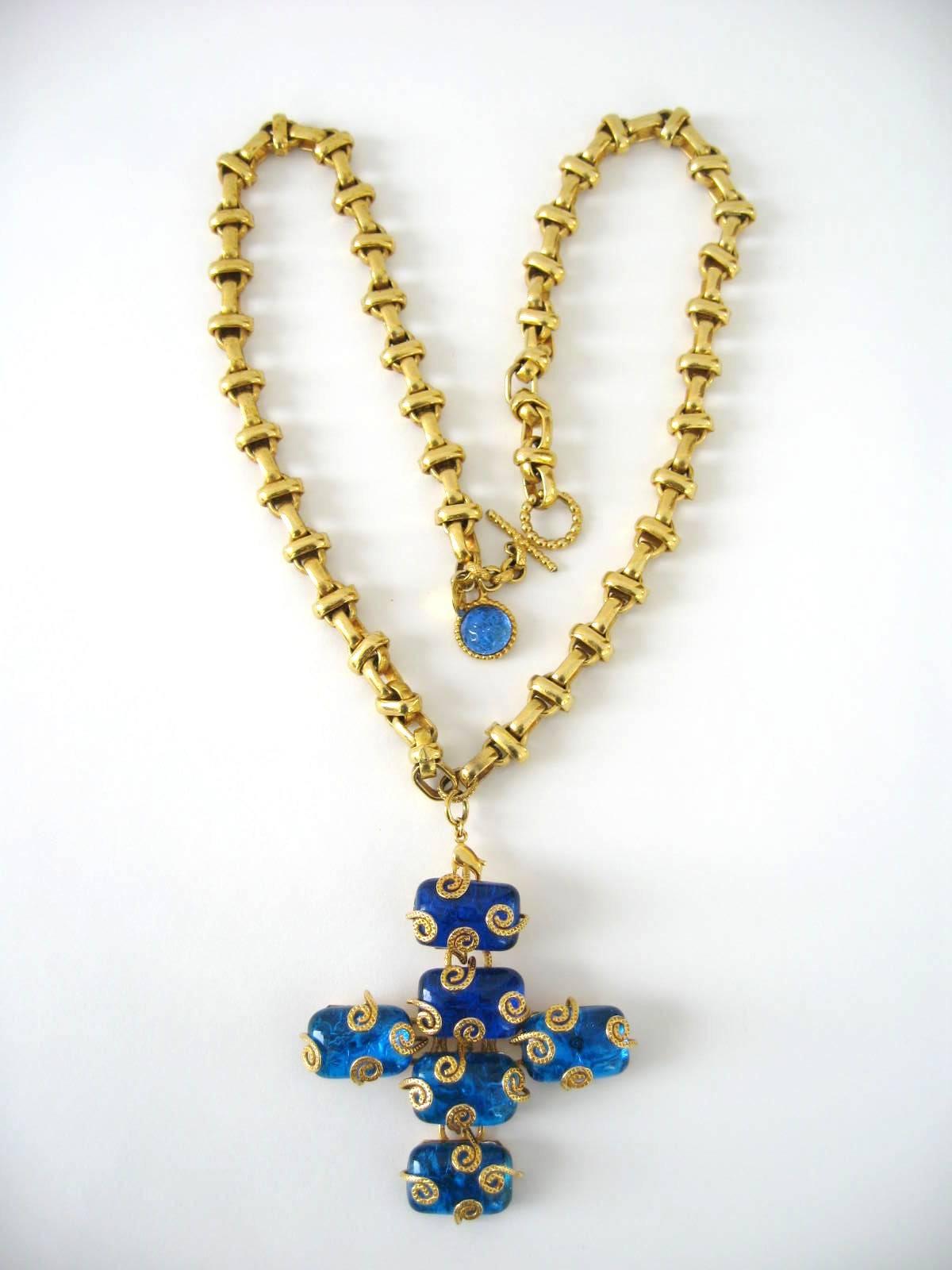 Dominique Aurientis Maltese Cross Gripoix Glass Necklace or Brooch 1980s In Excellent Condition In Wallkill, NY