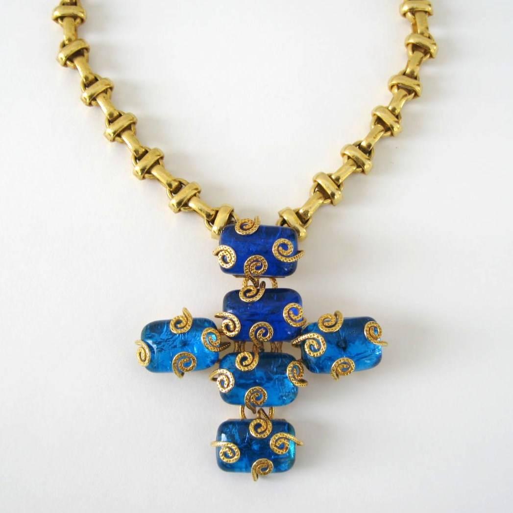 Women's or Men's Dominique Aurientis Maltese Cross Gripoix Glass Necklace or Brooch 1980s