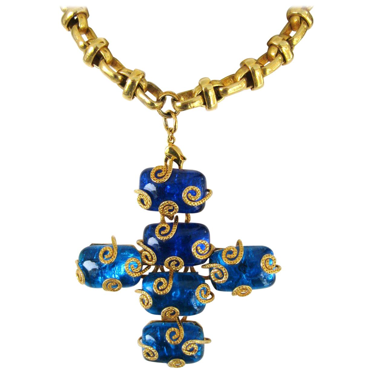 Dominique Aurientis Maltese Cross Gripoix Glass Necklace or Brooch 1980s