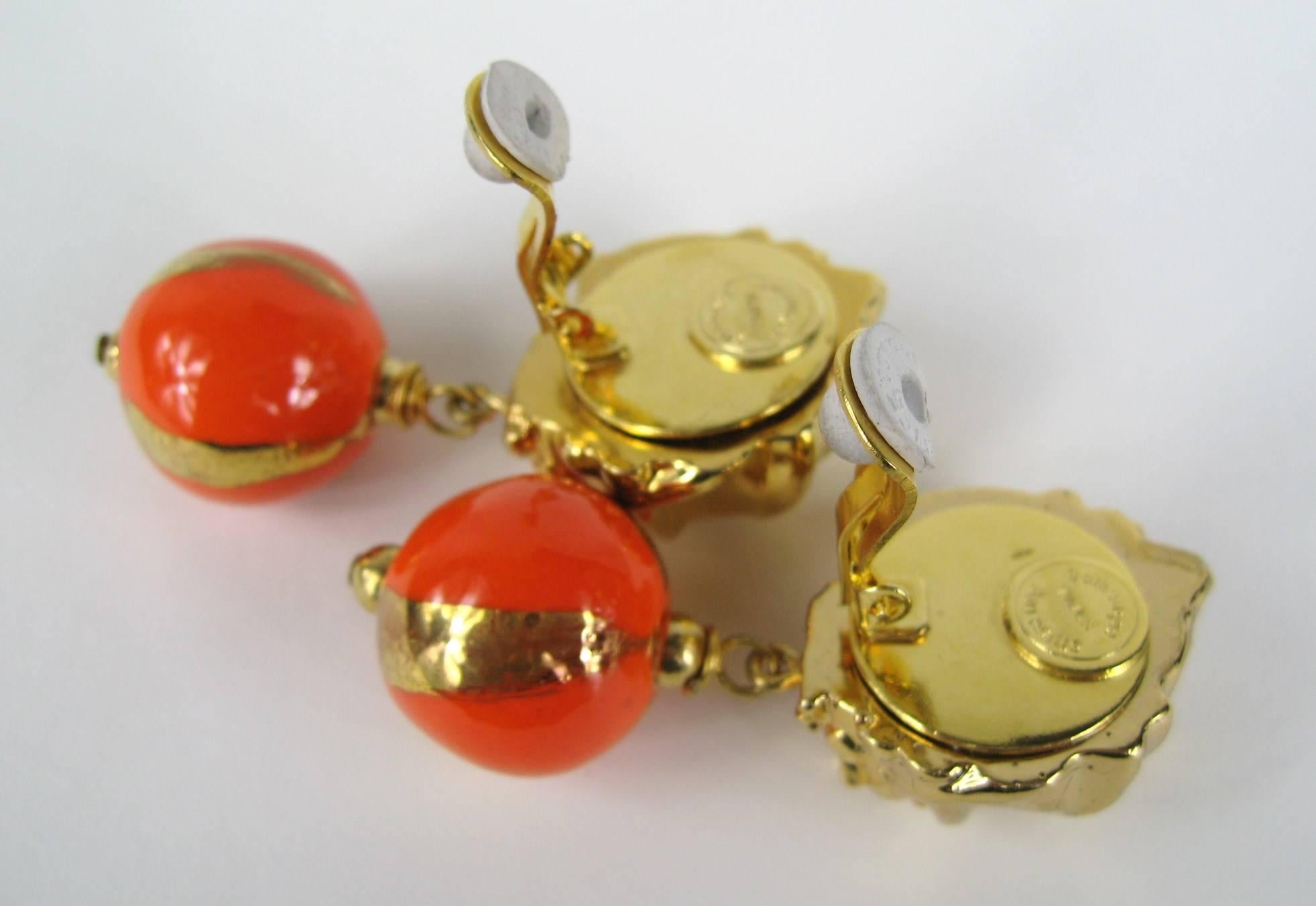 Dominique Aurientis Orange and Gold Hand Painted Earrings 1980s, New Never worn  In Excellent Condition For Sale In Wallkill, NY