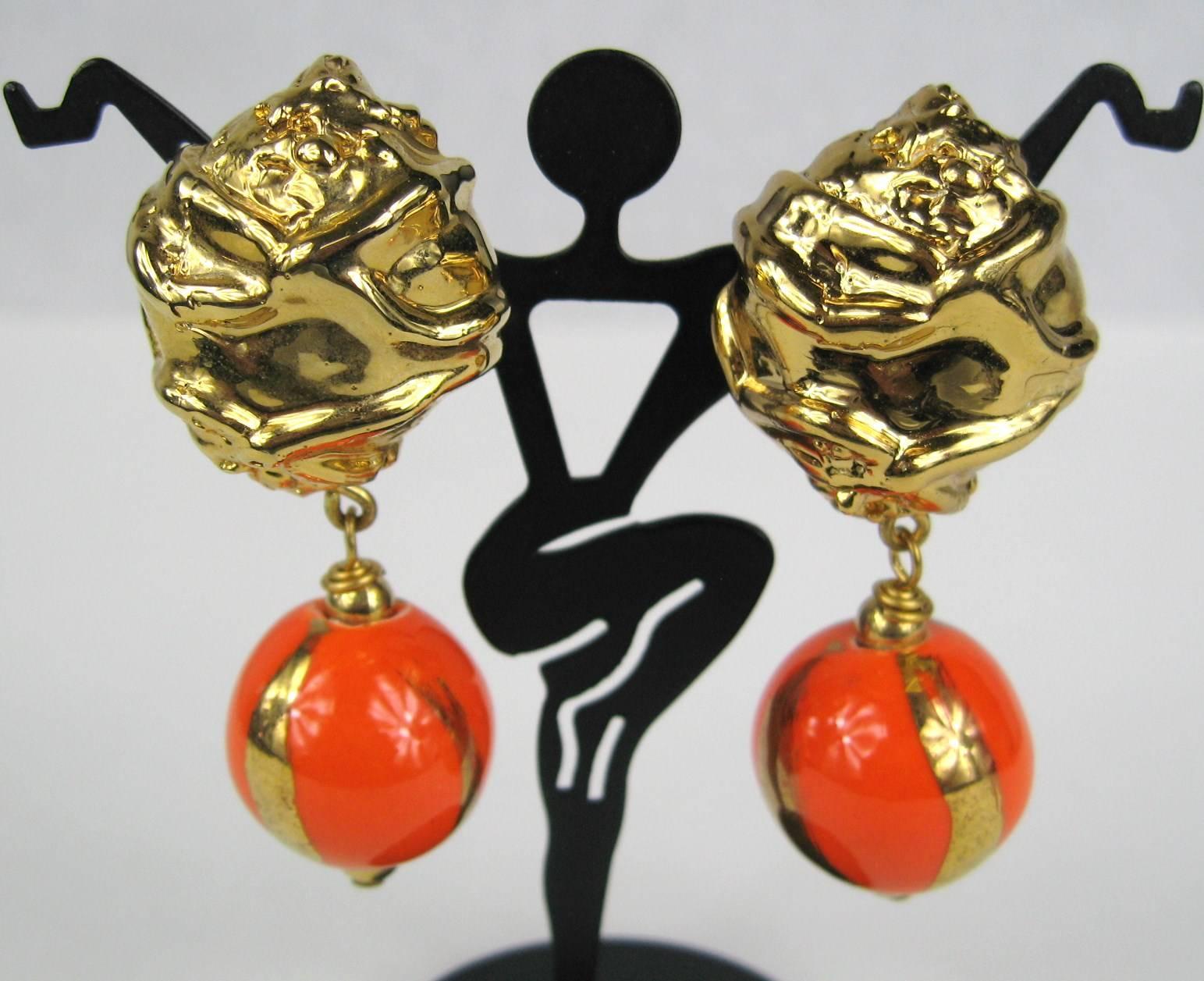 Women's Dominique Aurientis Orange and Gold Hand Painted Earrings 1980s, New Never worn  For Sale