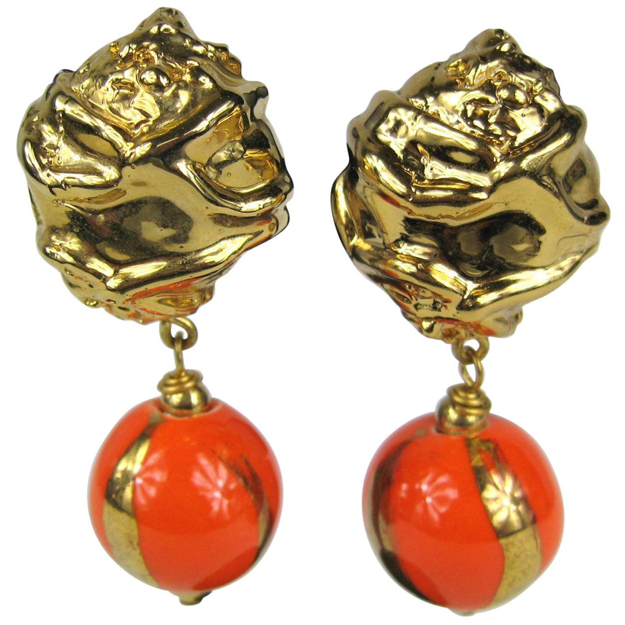 Dominique Aurientis Orange and Gold Hand Painted Earrings 1980s, New Never worn  For Sale