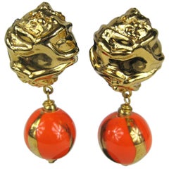 Dominique Aurientis Orange and Gold Hand Painted Earrings 1980s, New Never worn 