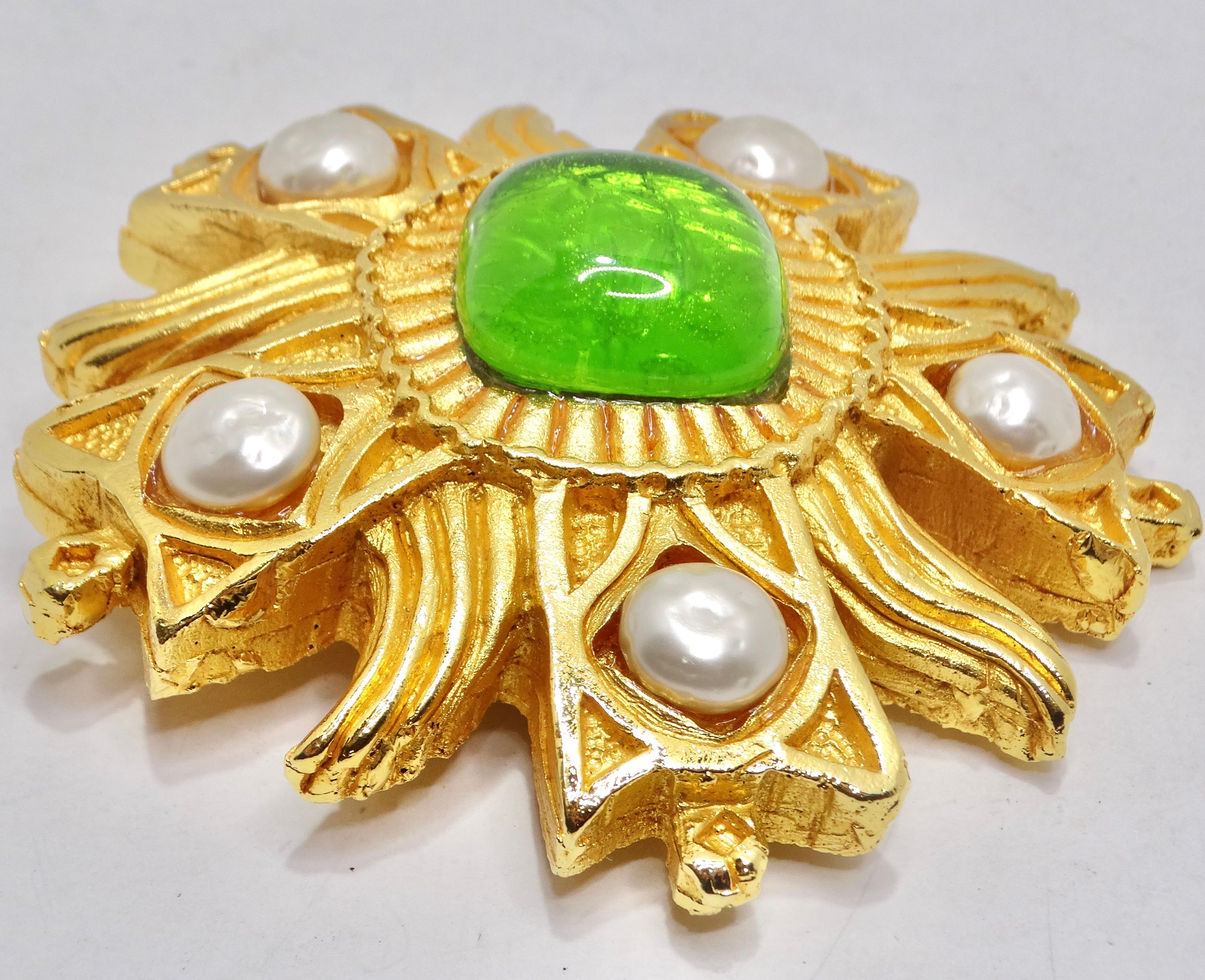 Dominique Aurientis Paris 1980s Gold Plated Green Stone Flower Brooch In Excellent Condition For Sale In Scottsdale, AZ