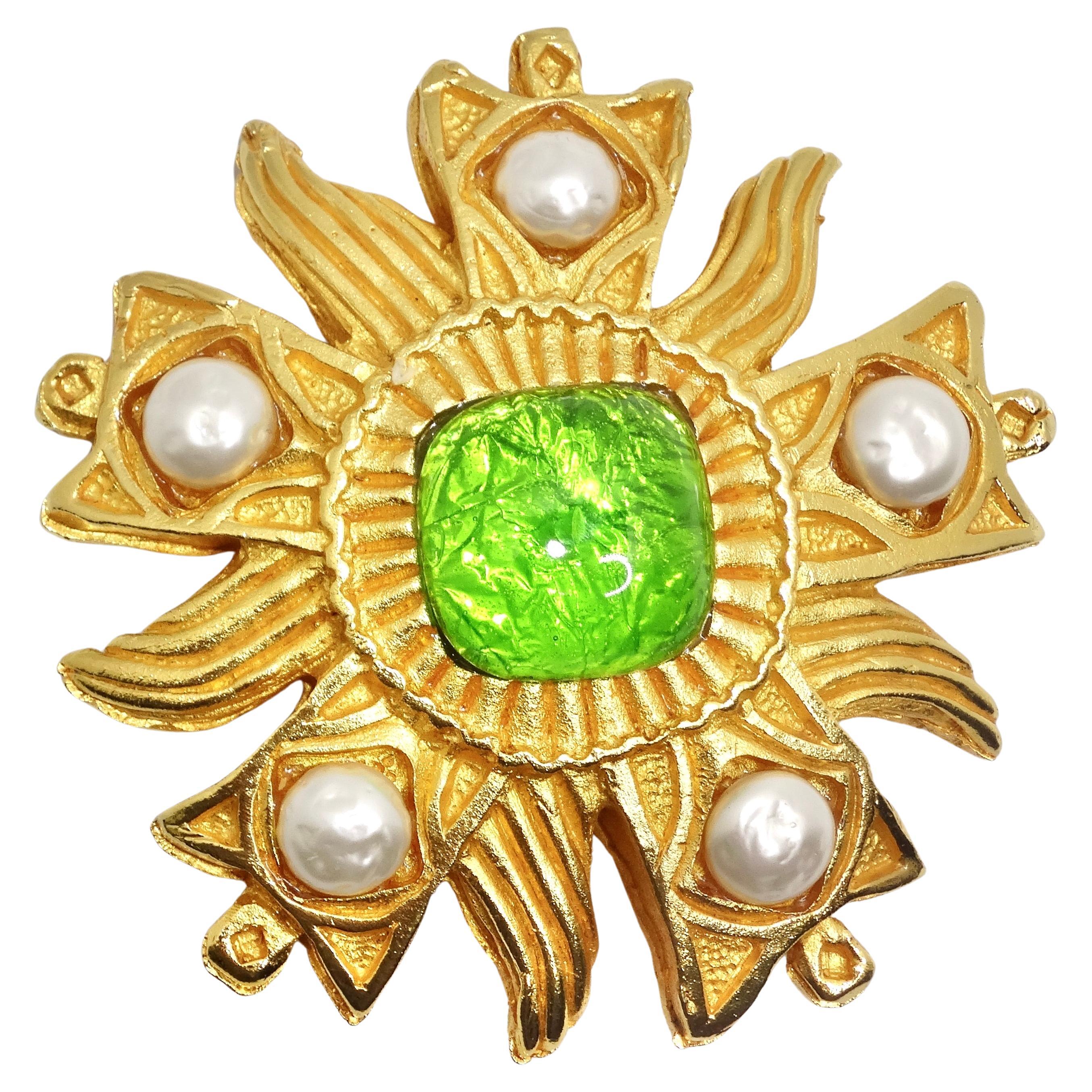 Dominique Aurientis Paris 1980s Gold Plated Green Stone Flower Brooch For Sale