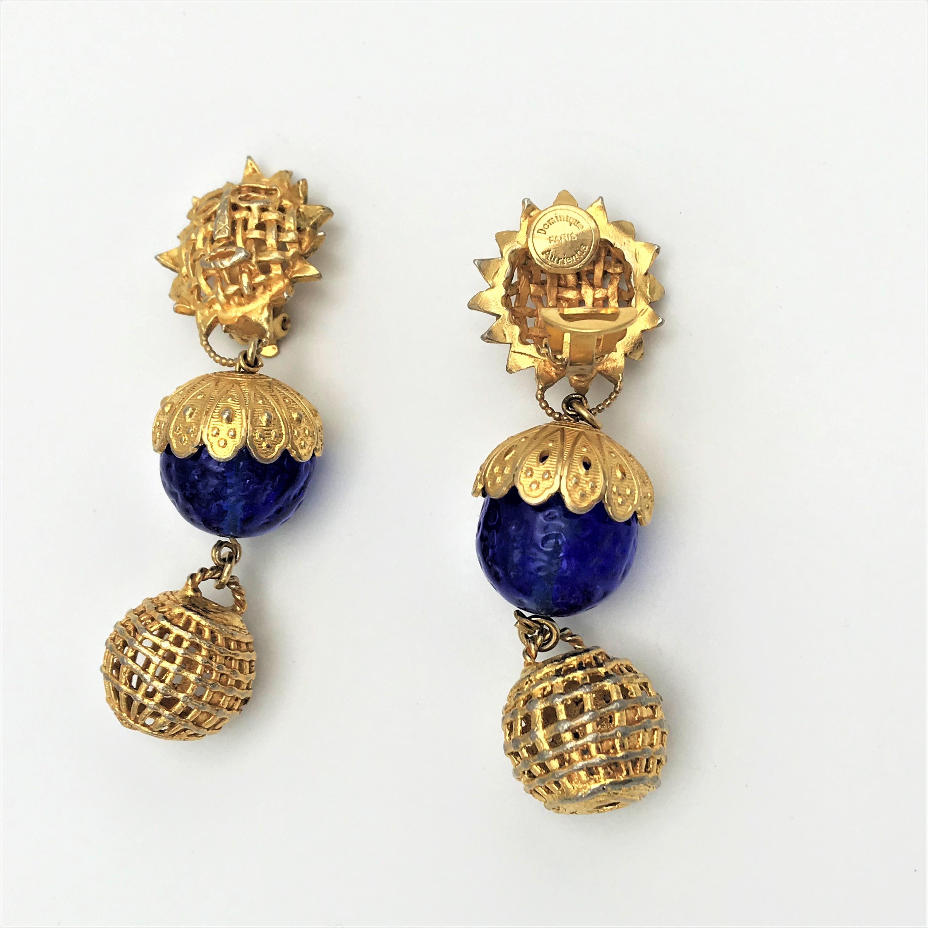 Round Cut Dominique Aurientis Paris clip-on earring, gilt metal, blue crystal 1980/90