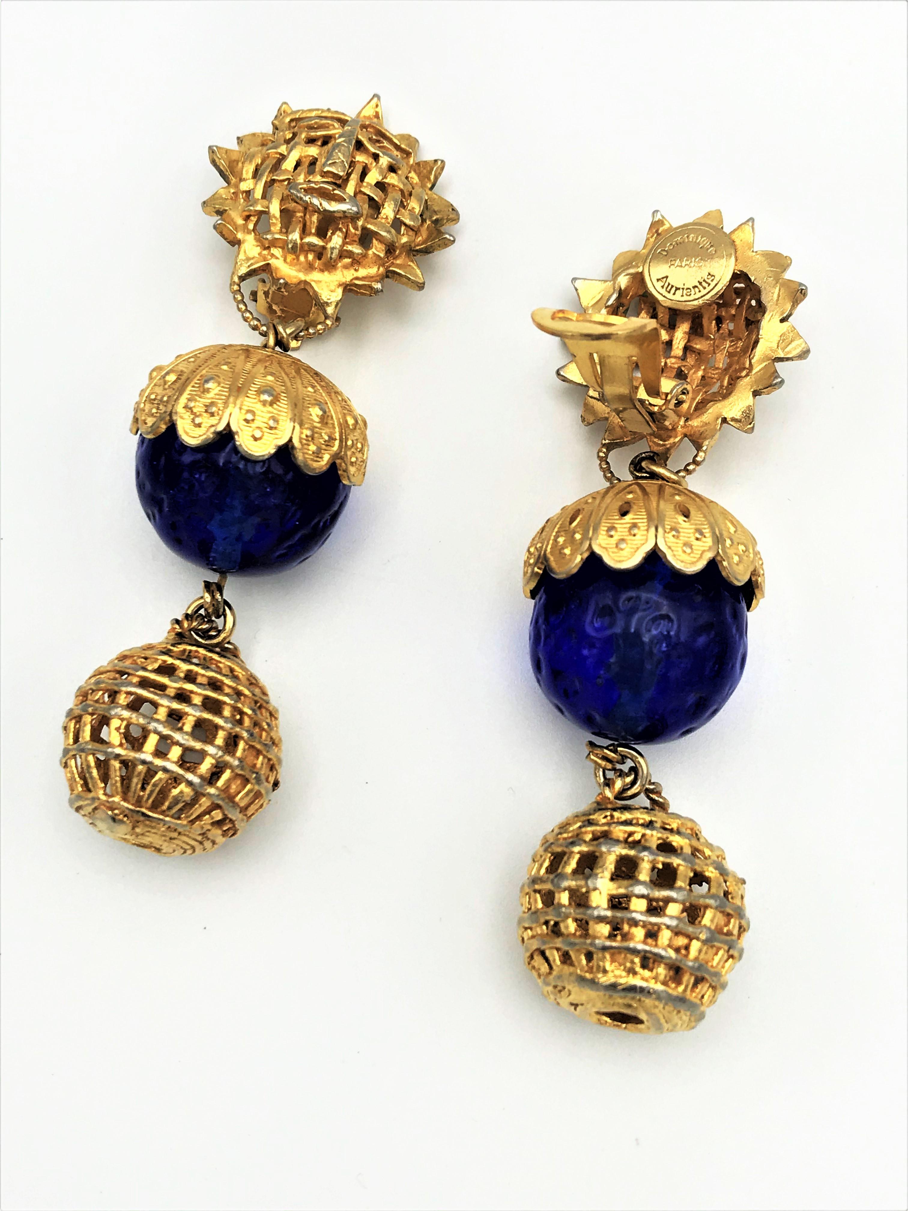 Women's Dominique Aurientis Paris clip-on earring, gilt metal, blue crystal 1980/90