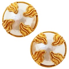 Dominique Aurientis Paris Oversized Mabe Pearl Earrings With Gilded Leaves 