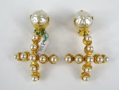 Dominique Aurientis Pearl Cross Earrings, Never Worn - 1980s