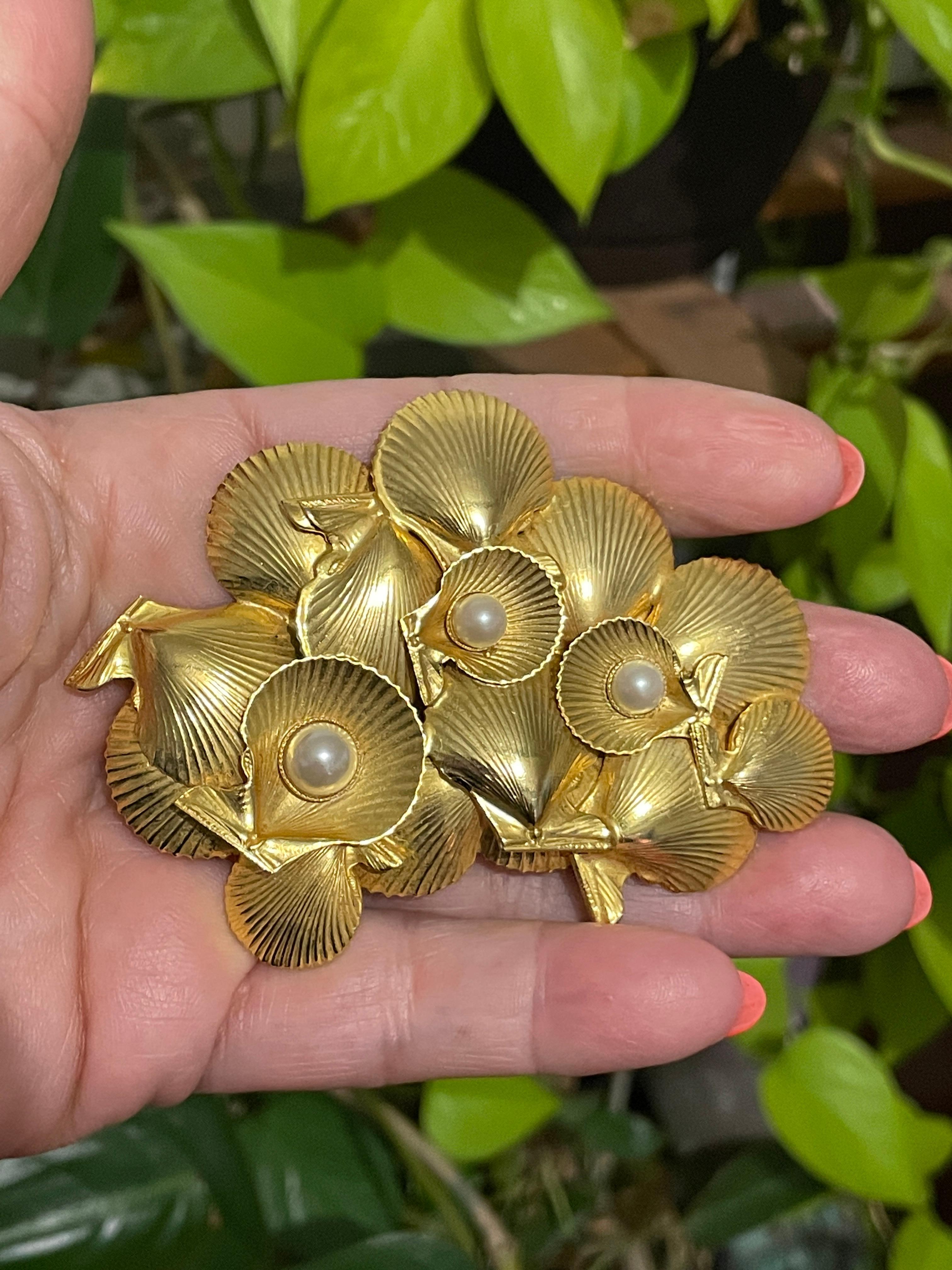 Dominique Aurientis Seashell Brooch Gold Gilt New, Never worn 1980s  1