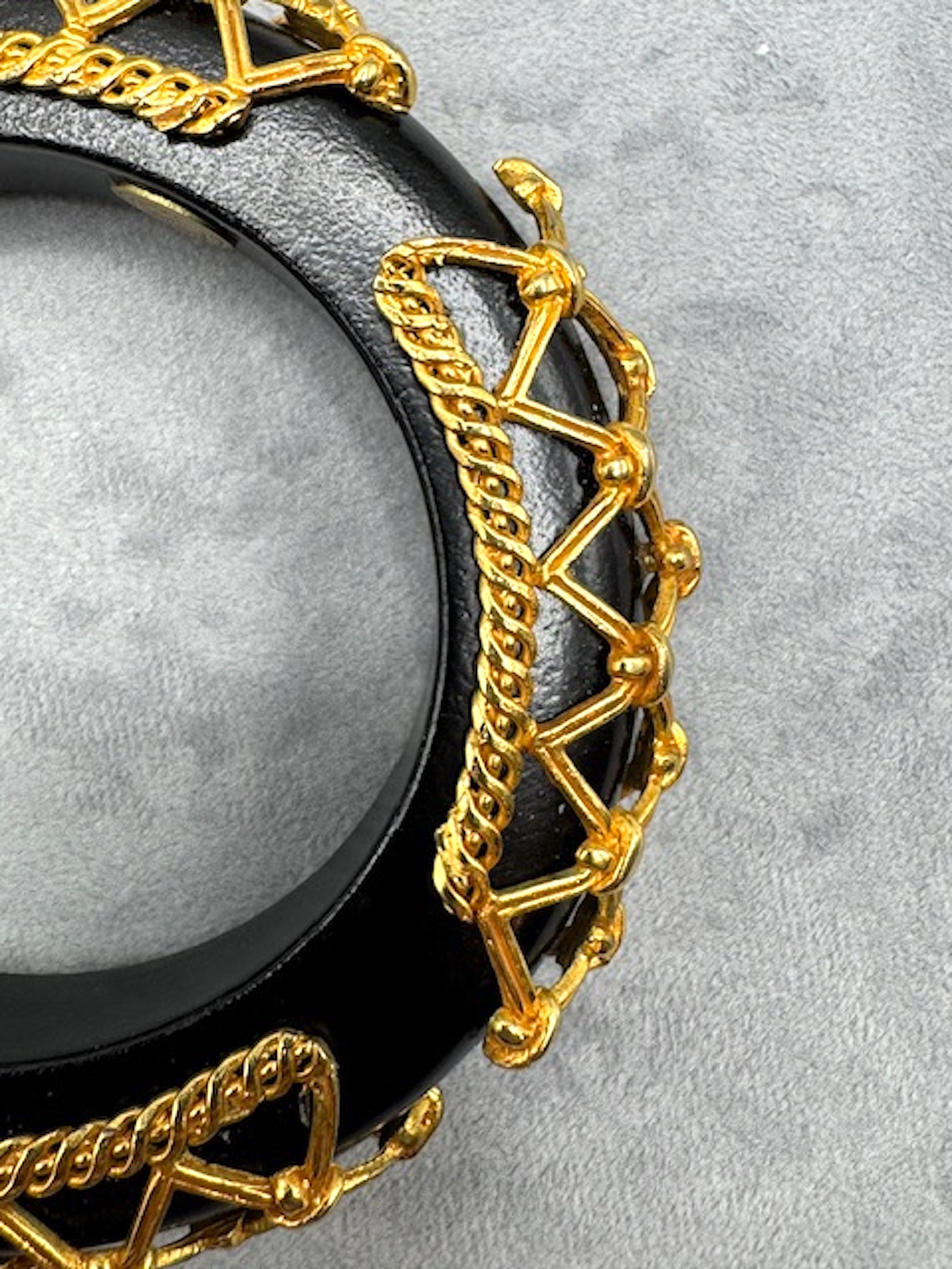 Dominique Aurientis Vintage Black Wood Bangle with Gold Rope & Lattice Detail For Sale 6
