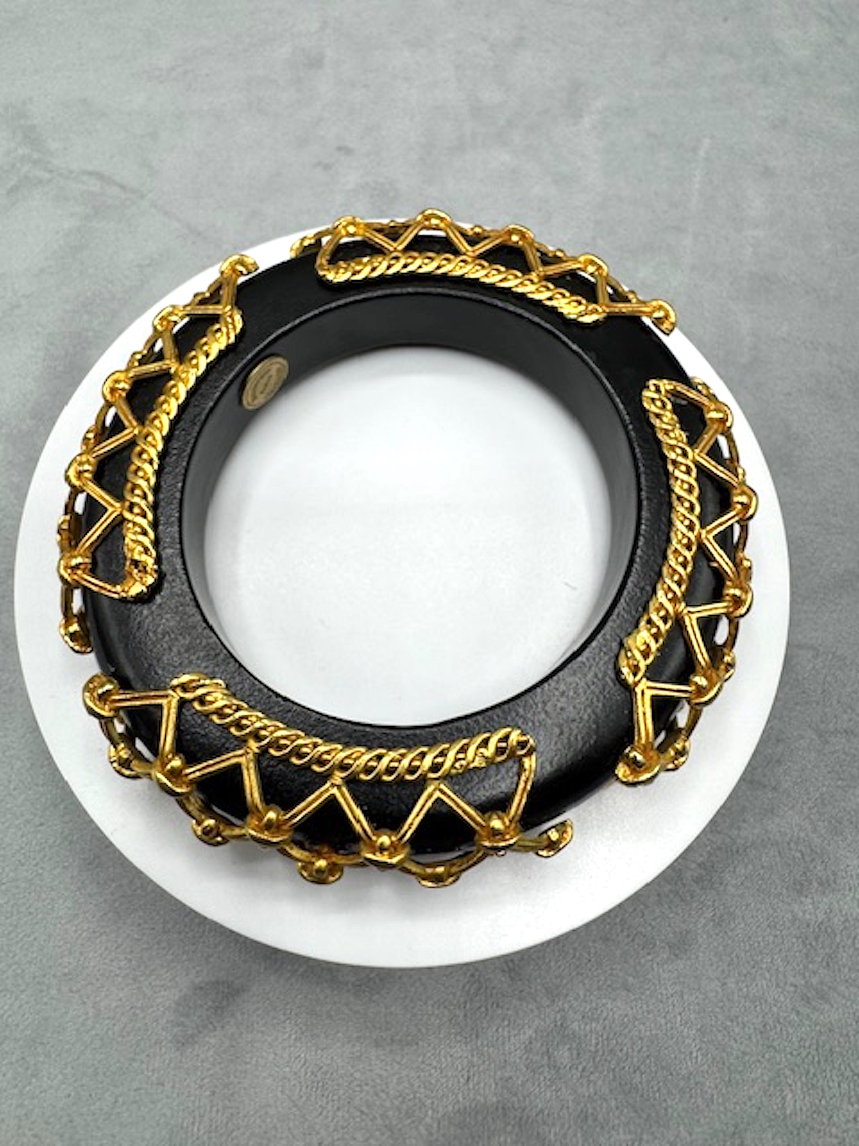 Dominique Aurientis Vintage Black Wood Bangle with Gold Rope & Lattice Detail For Sale 8