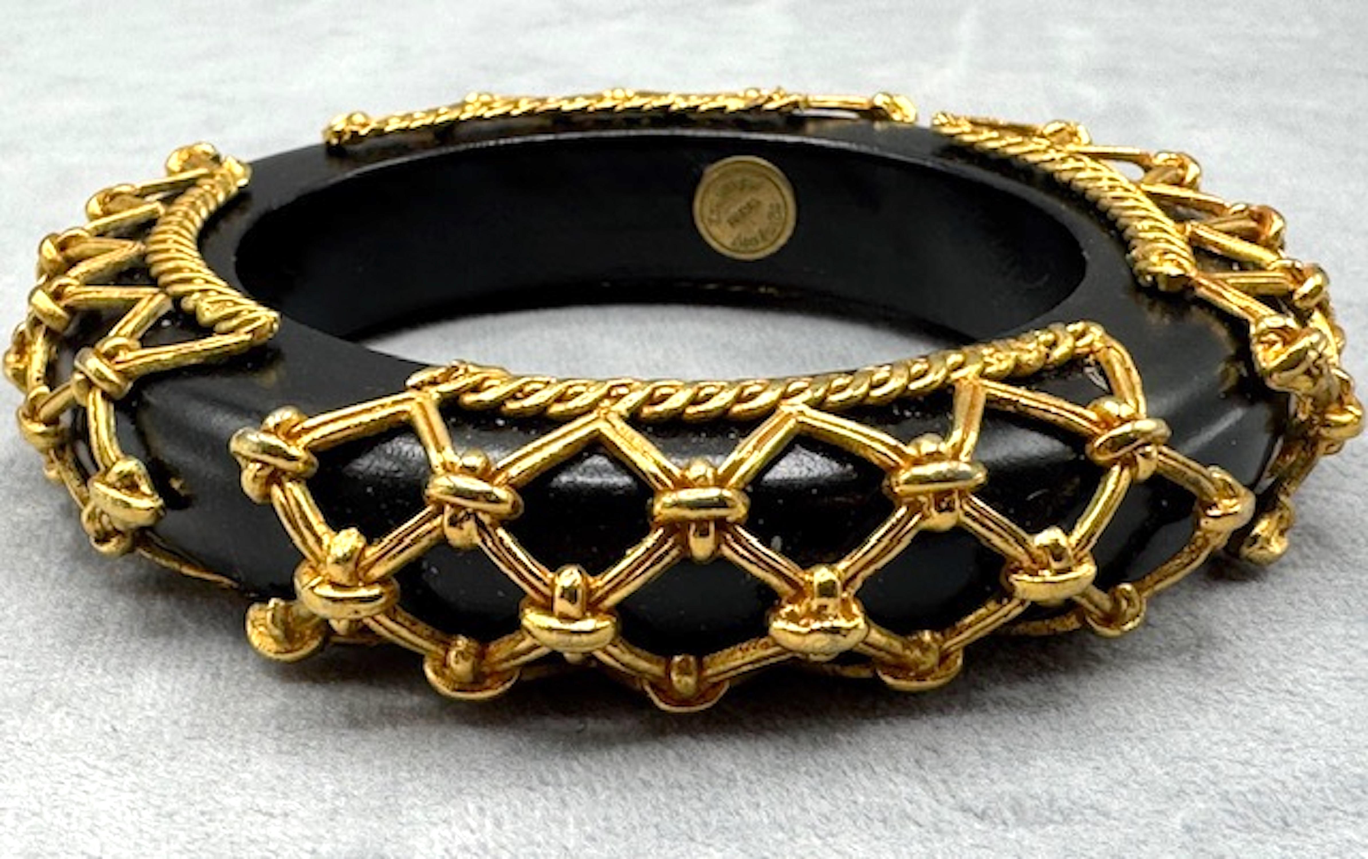 Dominique Aurientis Vintage Black Wood Bangle with Gold Rope & Lattice Detail For Sale 1