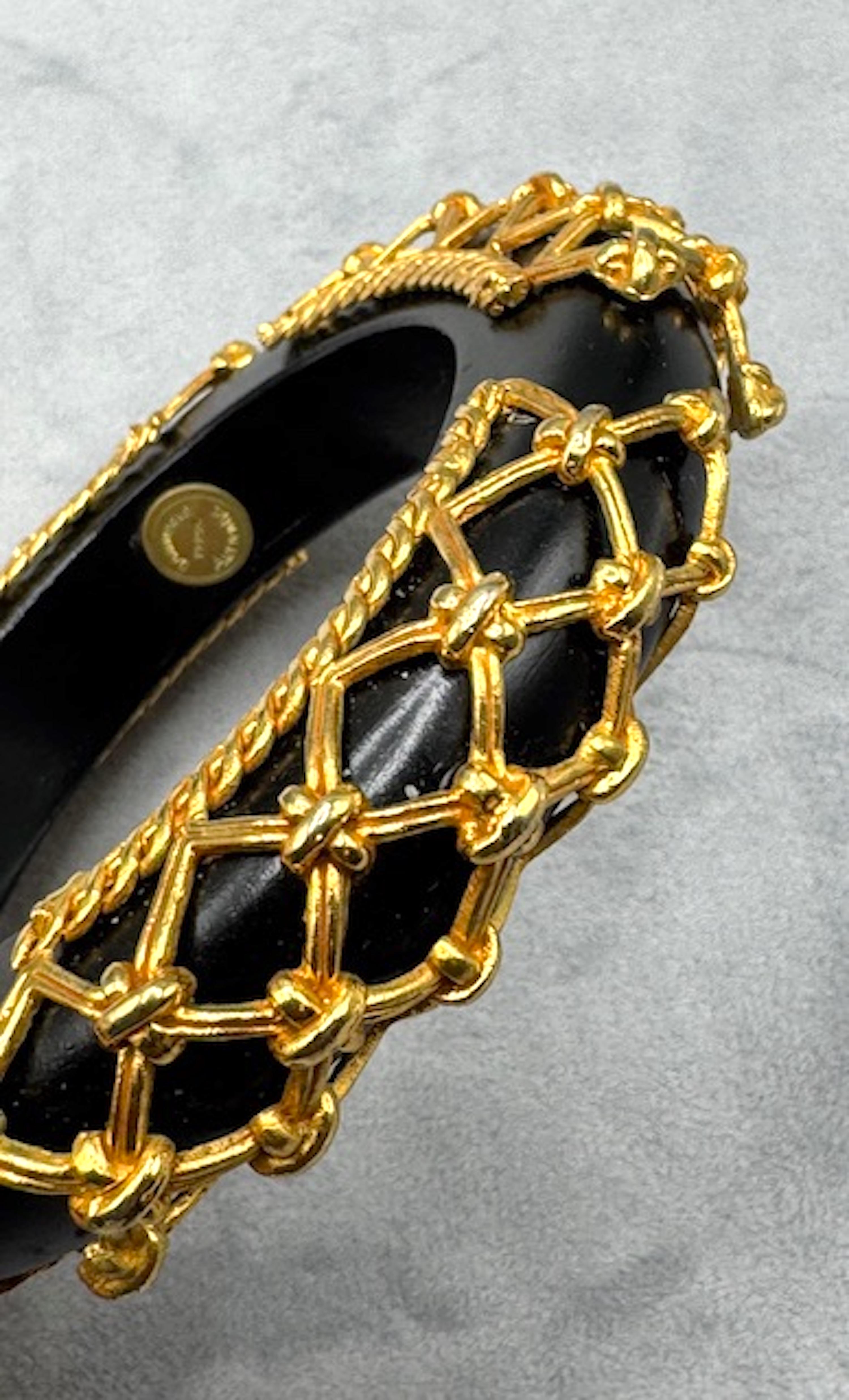 Dominique Aurientis Vintage Black Wood Bangle with Gold Rope & Lattice Detail For Sale 2