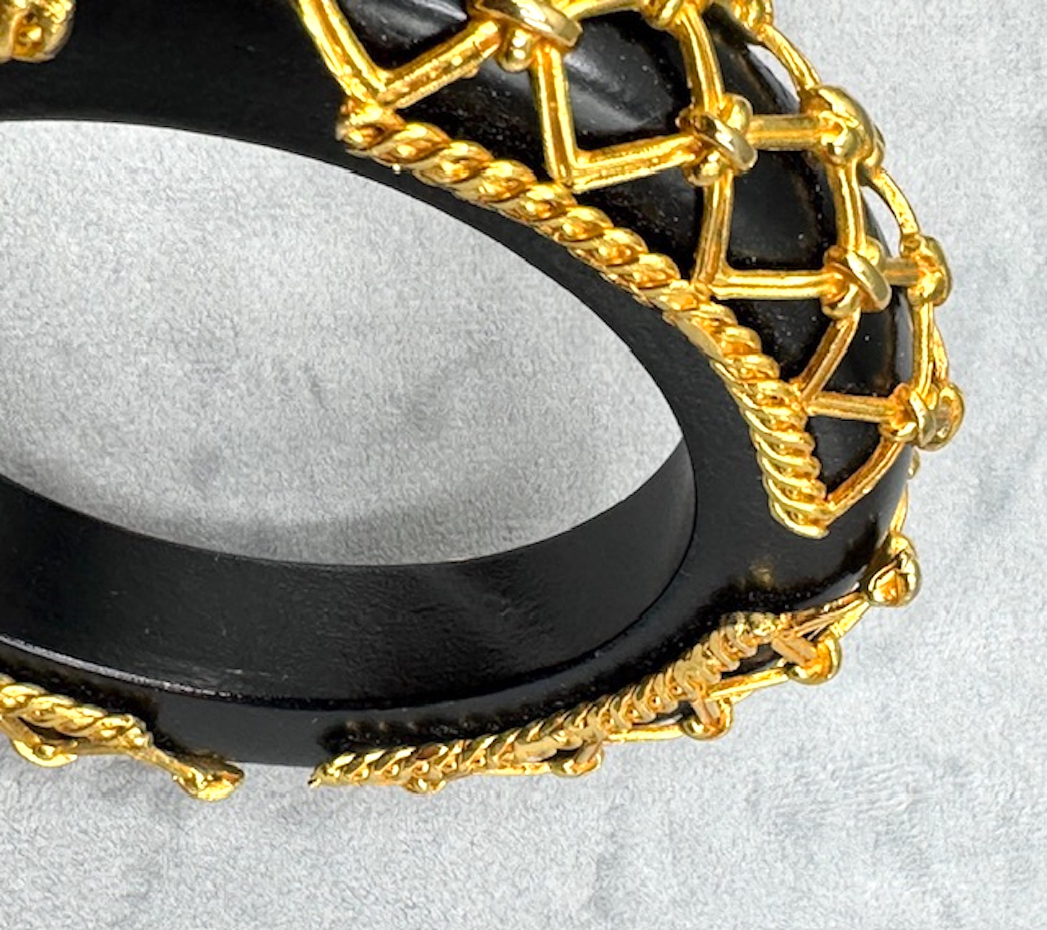 Dominique Aurientis Vintage Black Wood Bangle with Gold Rope & Lattice Detail For Sale 4