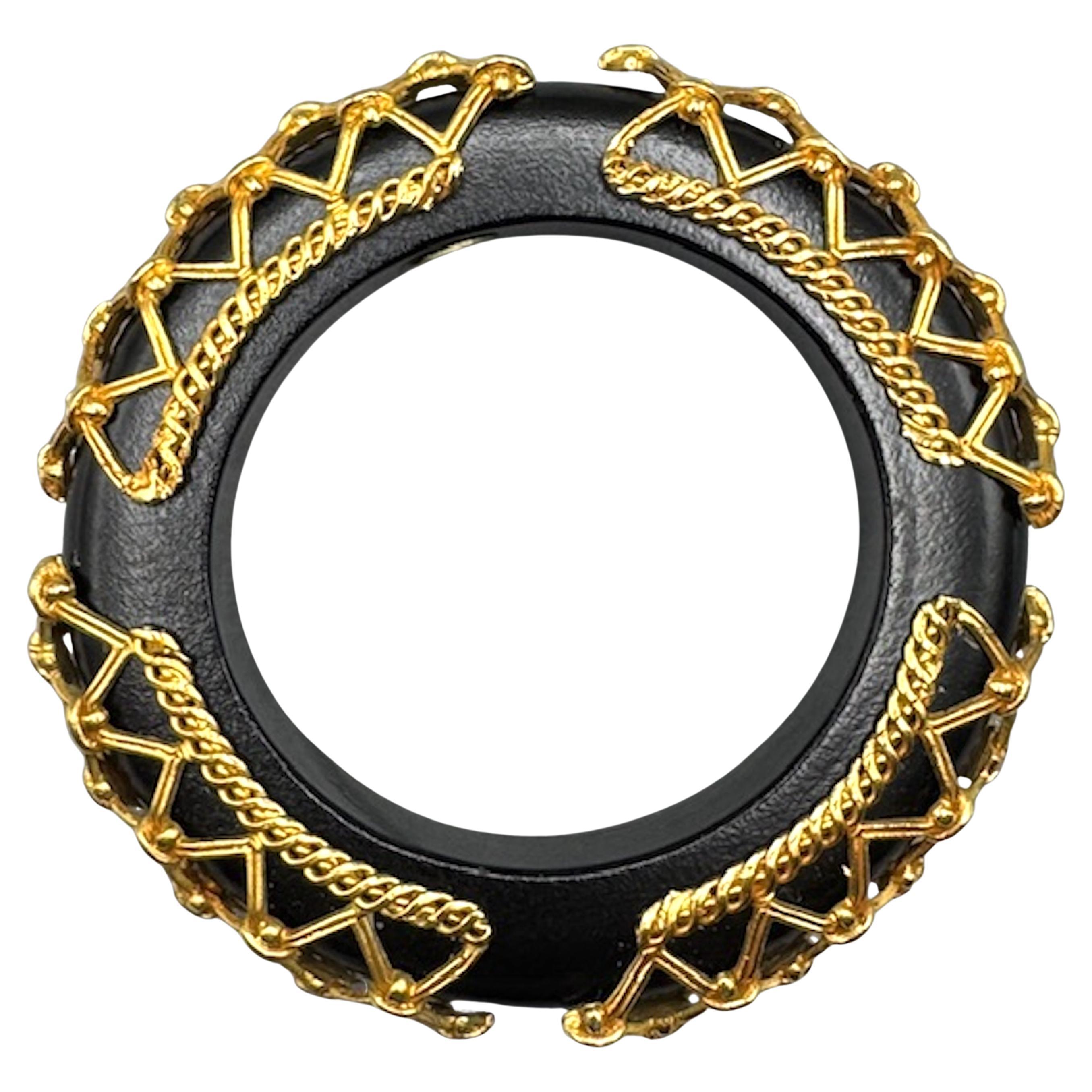 Dominique Aurientis Vintage Black Wood Bangle with Gold Rope & Lattice Detail For Sale