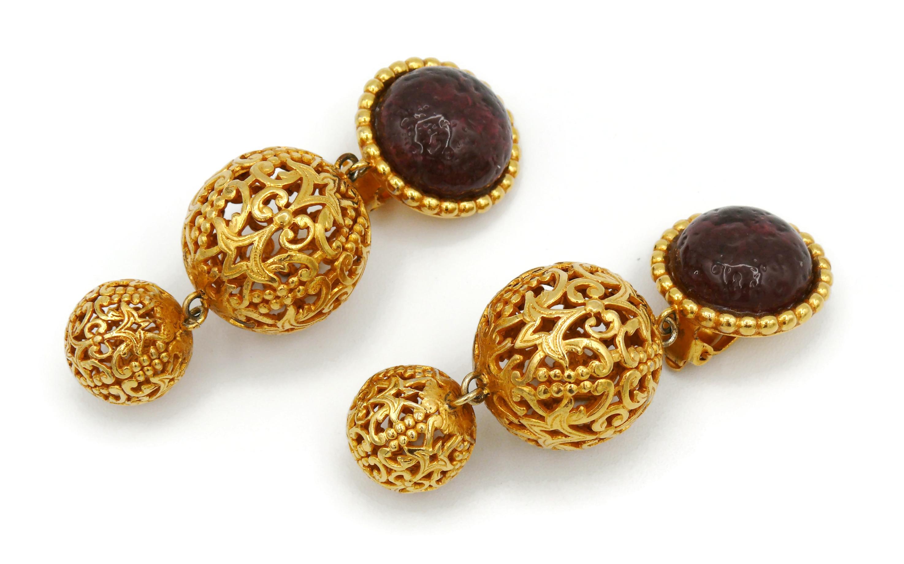 Dominique Aurientis Vintage Gold Toned Filigree Balls Dangling Earrings 1