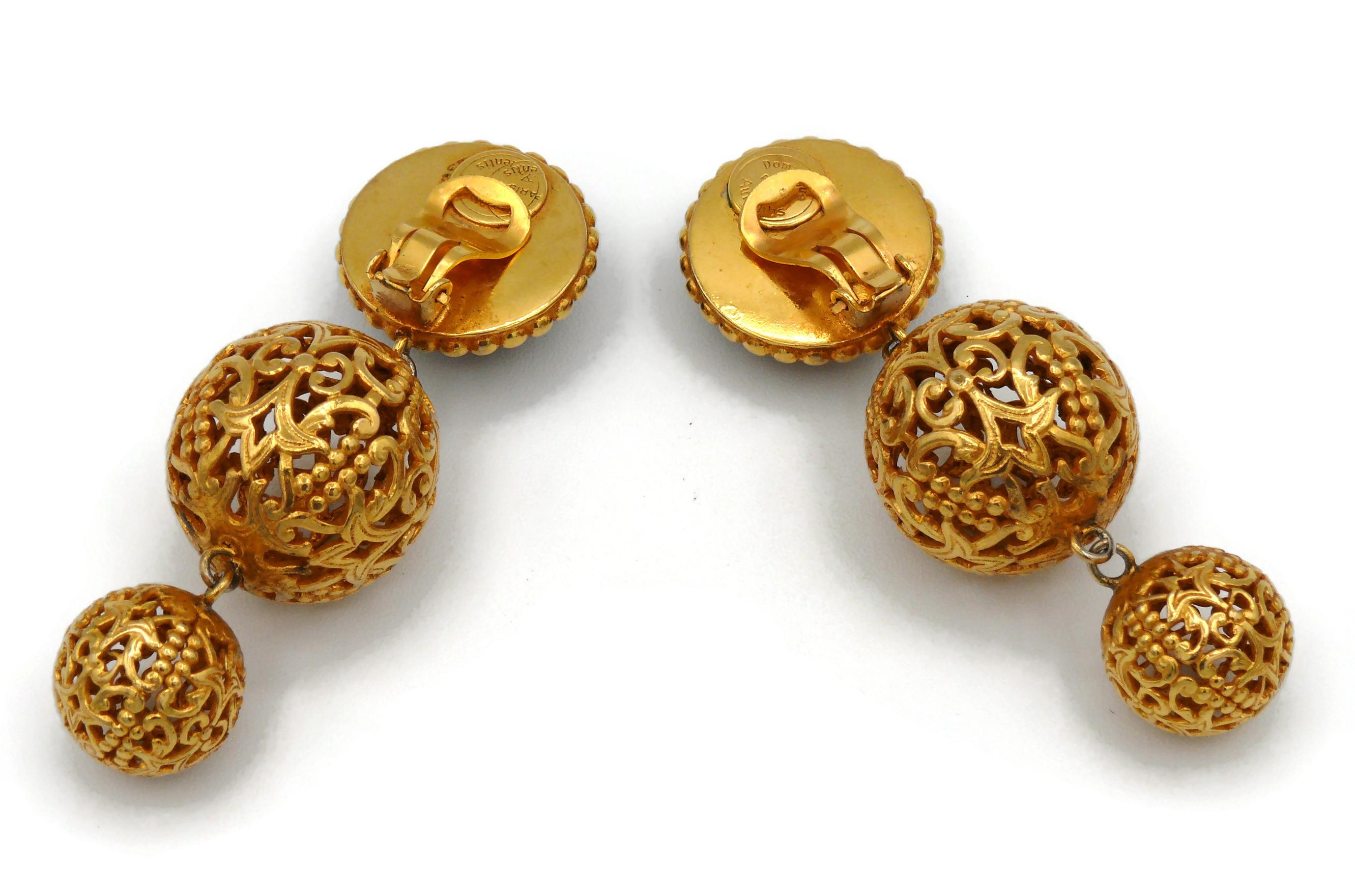 Dominique Aurientis Vintage Gold Toned Filigree Balls Dangling Earrings 3
