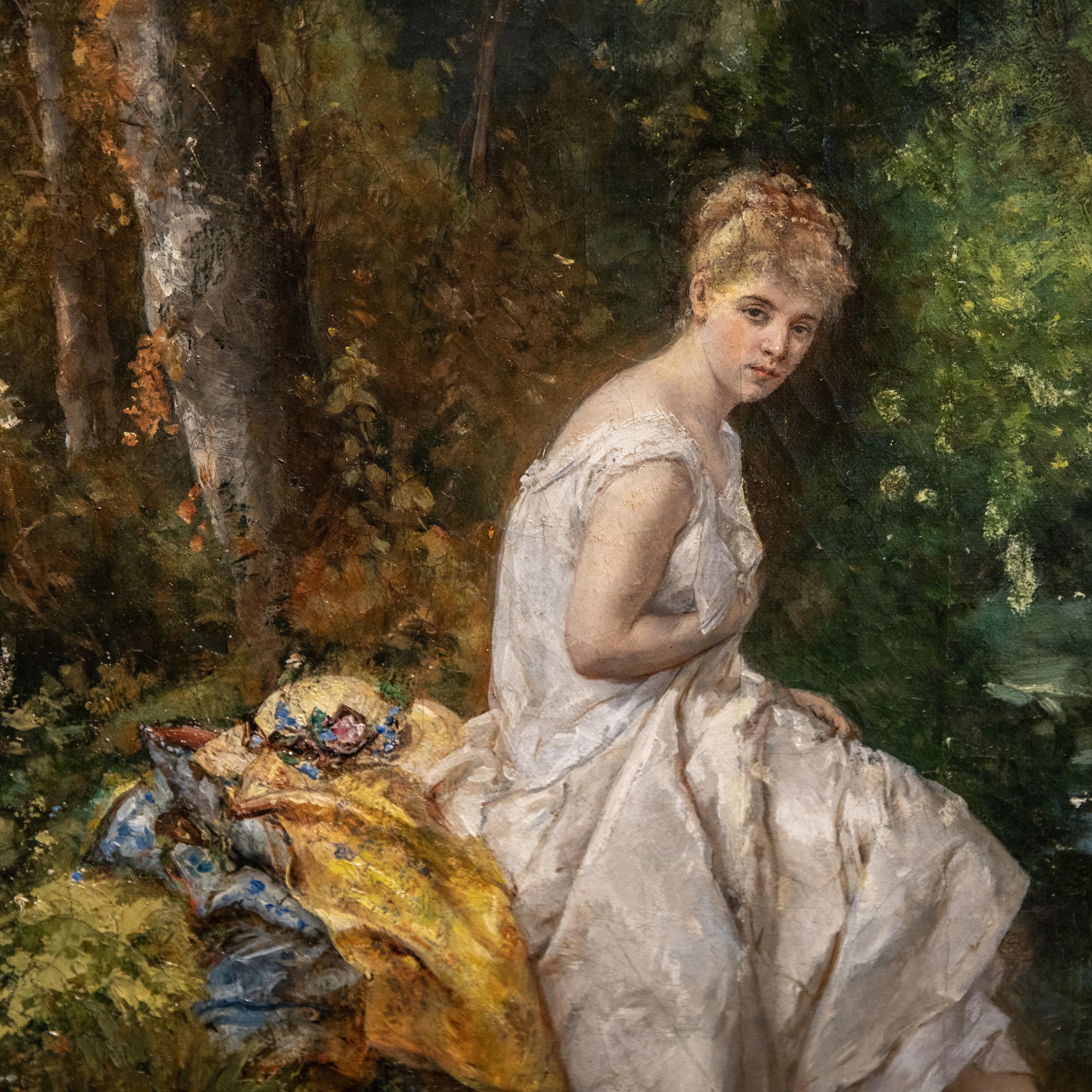 Dominique Baron Continental oil on canvas depicting young woman bathing in river surrounded by forest landscape, signed lower left: 