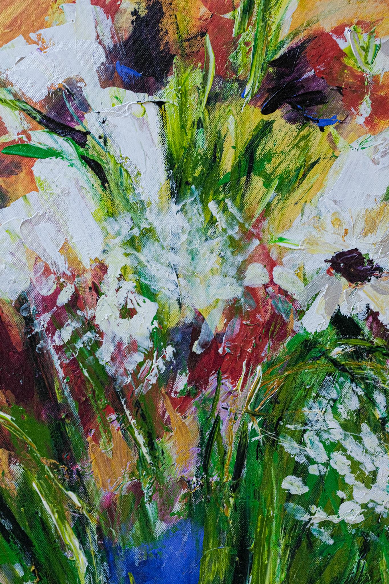 Signed and inscribed on verso.

A warm, energetic, and expressive still life depicting a floral arrangement.  The painter, Dominique Boisjoli rendered the composition in bold, think strokes that give the composition a rich texture and a sense of