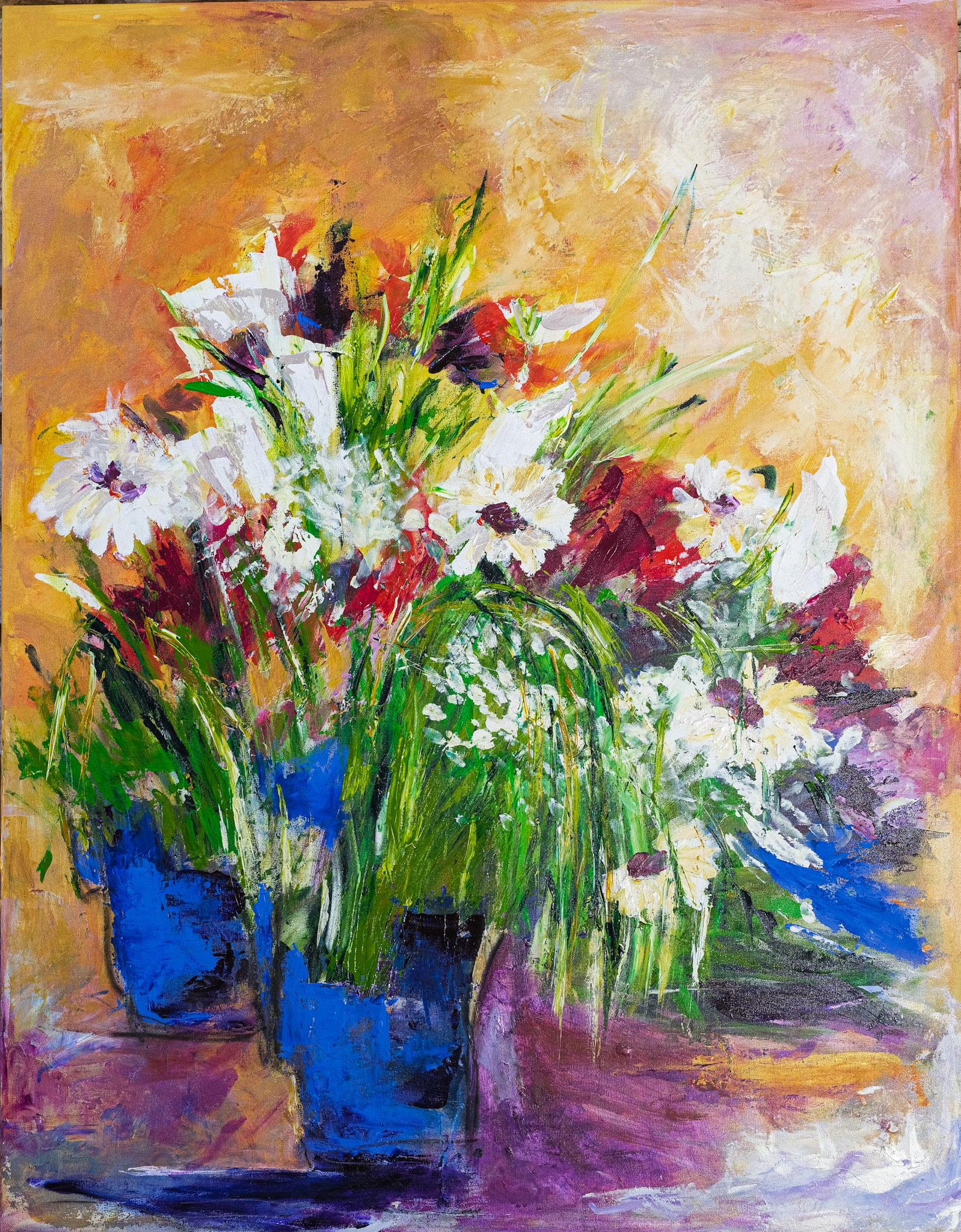 "For the Soul Only" Floral Still Life Painting with Blue Orange White Red Green
