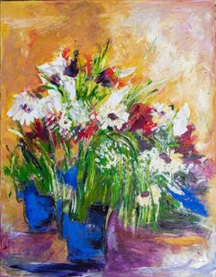"For the Soul Only" Nature morte florale, peinture avec bleu orange blanc rouge vert