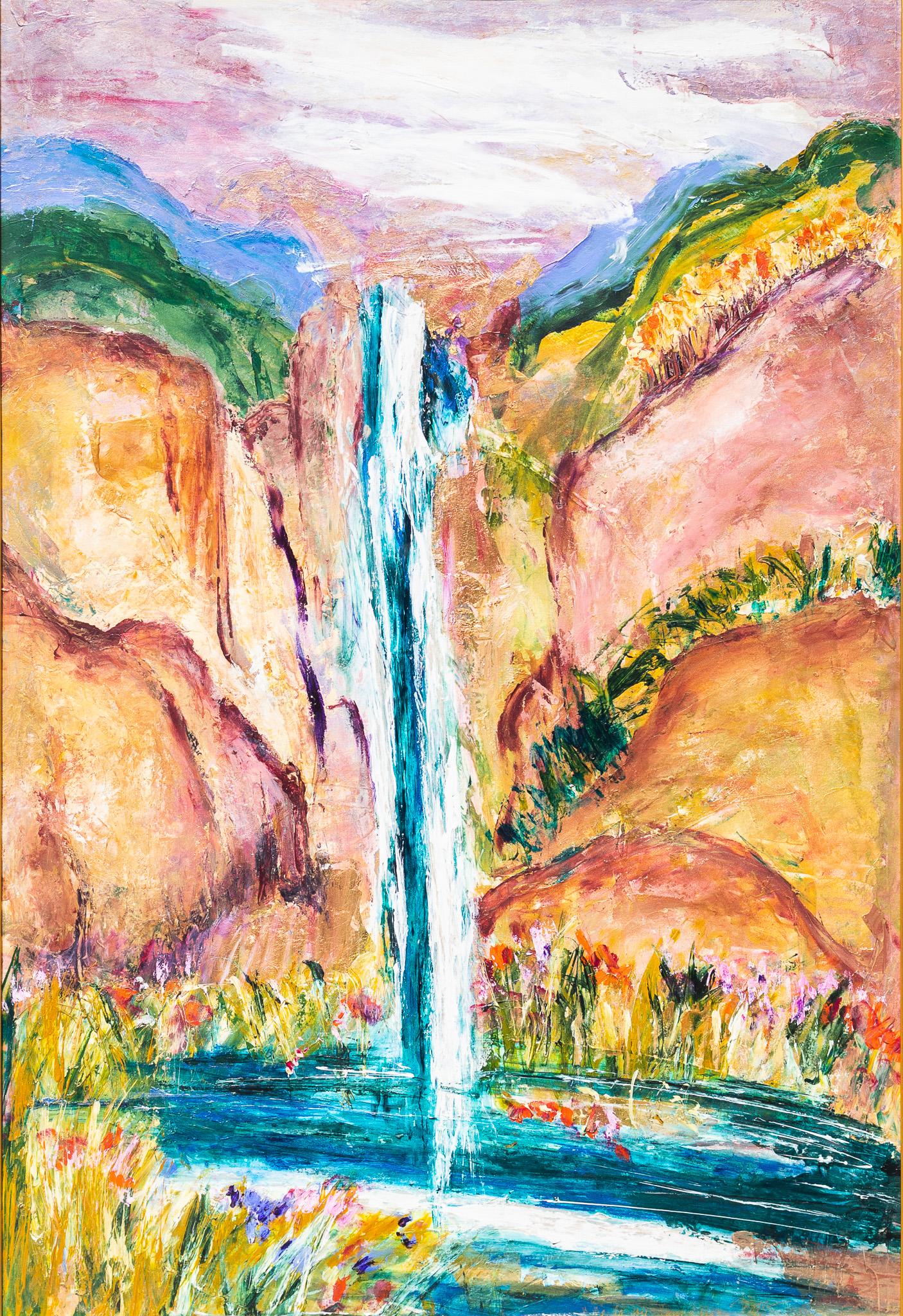 Dominique Boisjoli Landscape Painting - "Happiness in the Air" Expressionist Landscape with Waterfall