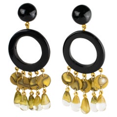 Dominique Denaive Black and Pearlized Gold Acrylic Clip Earrings