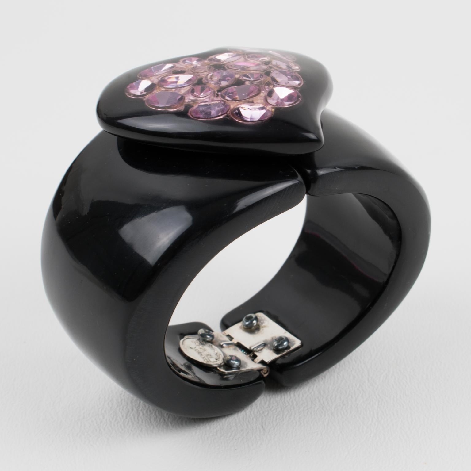 Women's or Men's Dominique Denaive Black Resin Clamper Bracelet with Purple Jeweled Heart For Sale