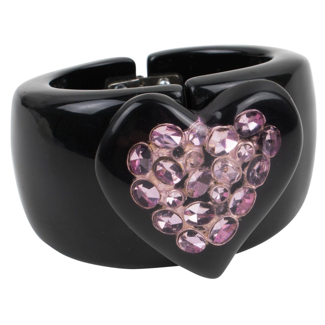 Dominique Denaive Black Resin Clamper Bracelet with Purple Jeweled Heart For Sale