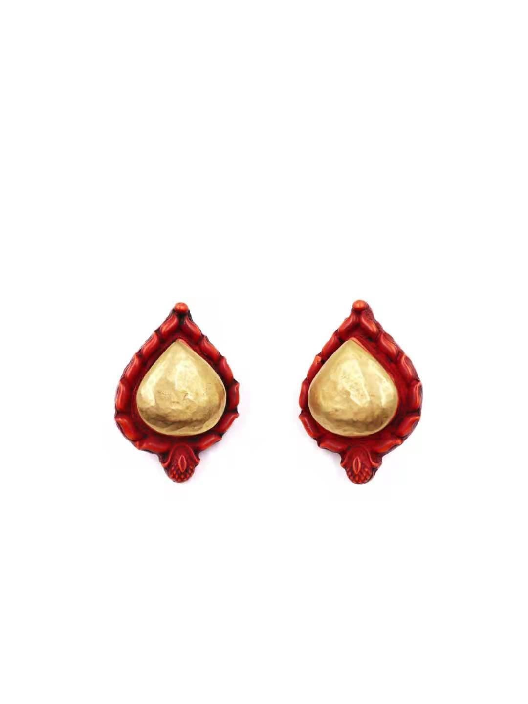 Etruscan Revival DOMINIQUE DENAIVE FLAME ON HEART Red Clip On Gold Red EARRINGS