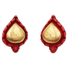 DOMINIQUE DENAIVE FLAME ON HEART Red Clip On Gold Red EARRINGS