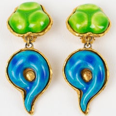 Dominique Denaive Green and Blue Ceramic Dangle Clip Earrings