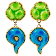Dominique Denaive Green and Blue Ceramic Dangle Clip Earrings