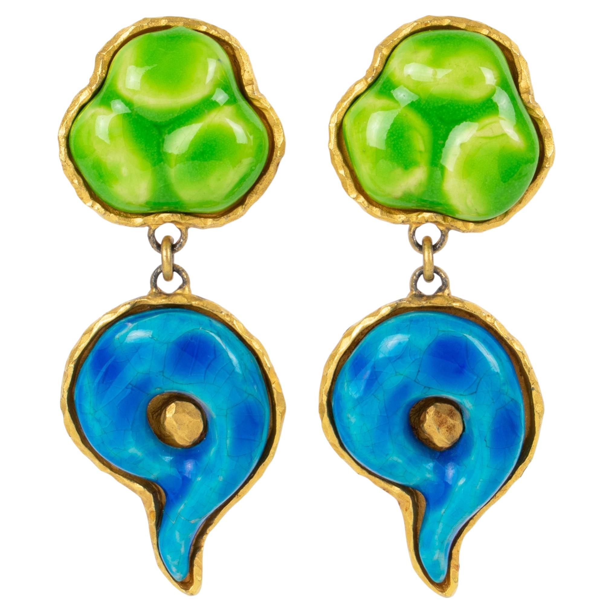 Dominique Denaive Green and Blue Ceramic Dangle Clip Earrings For Sale