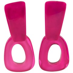Dominique Denaive Hot Pink Resin Dangle Clip Earrings