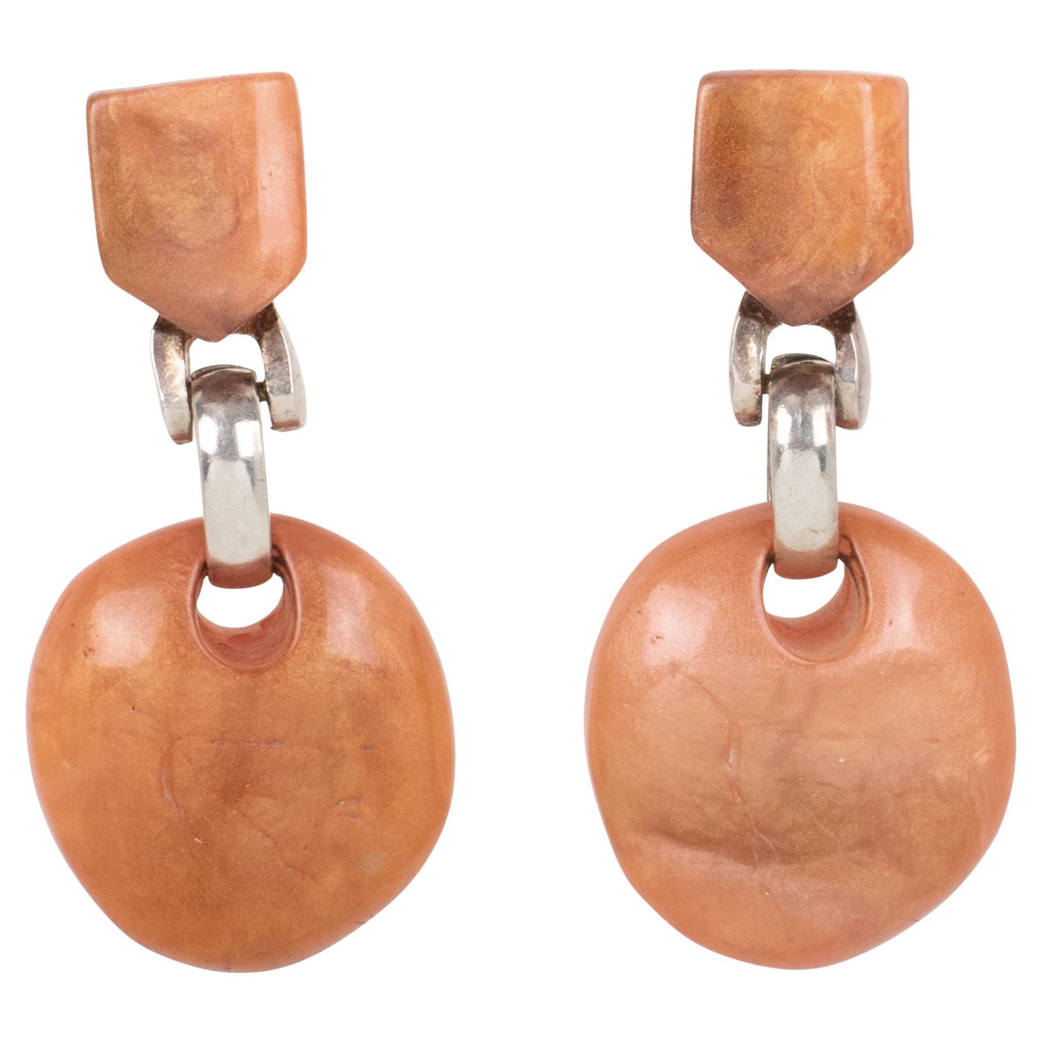 Dominique Denaive Orange Resin and Metal Dangle Clip Earrings