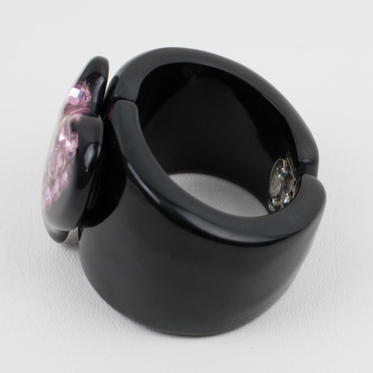 Modern Dominique Denaive Paris Black Resin Clamper Bracelet with Purple Jeweled Heart For Sale