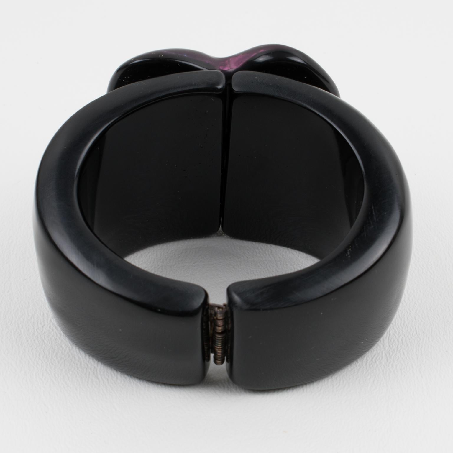 Modern Dominique Denaive Paris Black Resin Clamper Bracelet with Purple Jeweled Heart For Sale