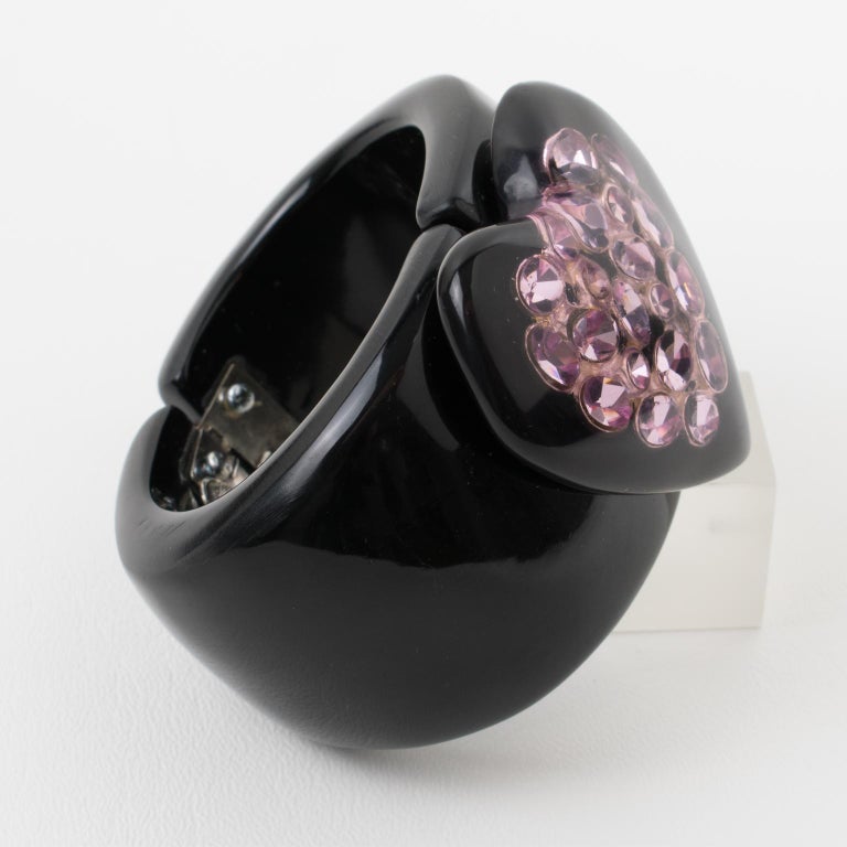 Dominique Denaive Paris Black Resin Clamper Bracelet with Purple Jeweled Heart For Sale 1