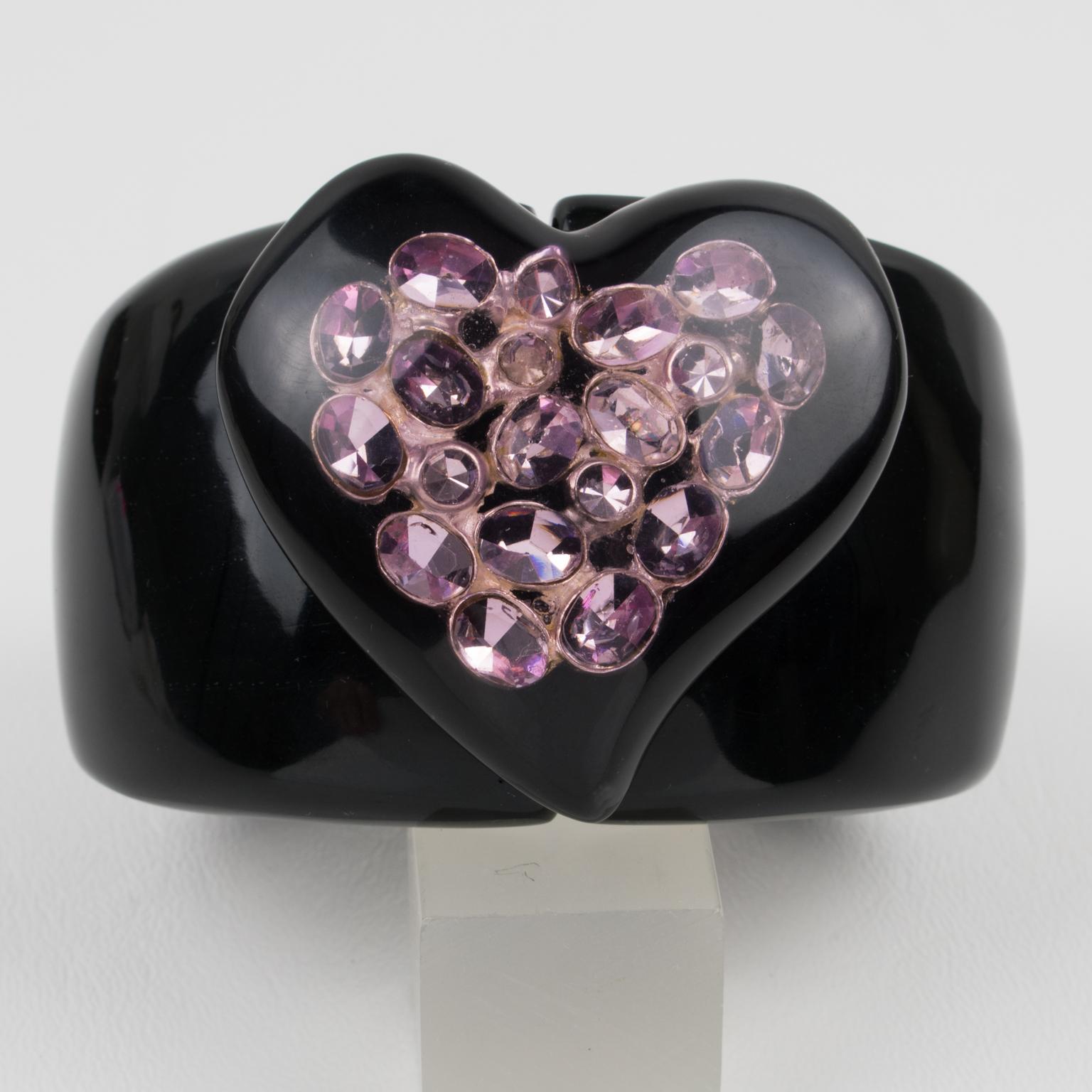 Dominique Denaive Paris Black Resin Clamper Bracelet with Purple Jeweled Heart For Sale 2