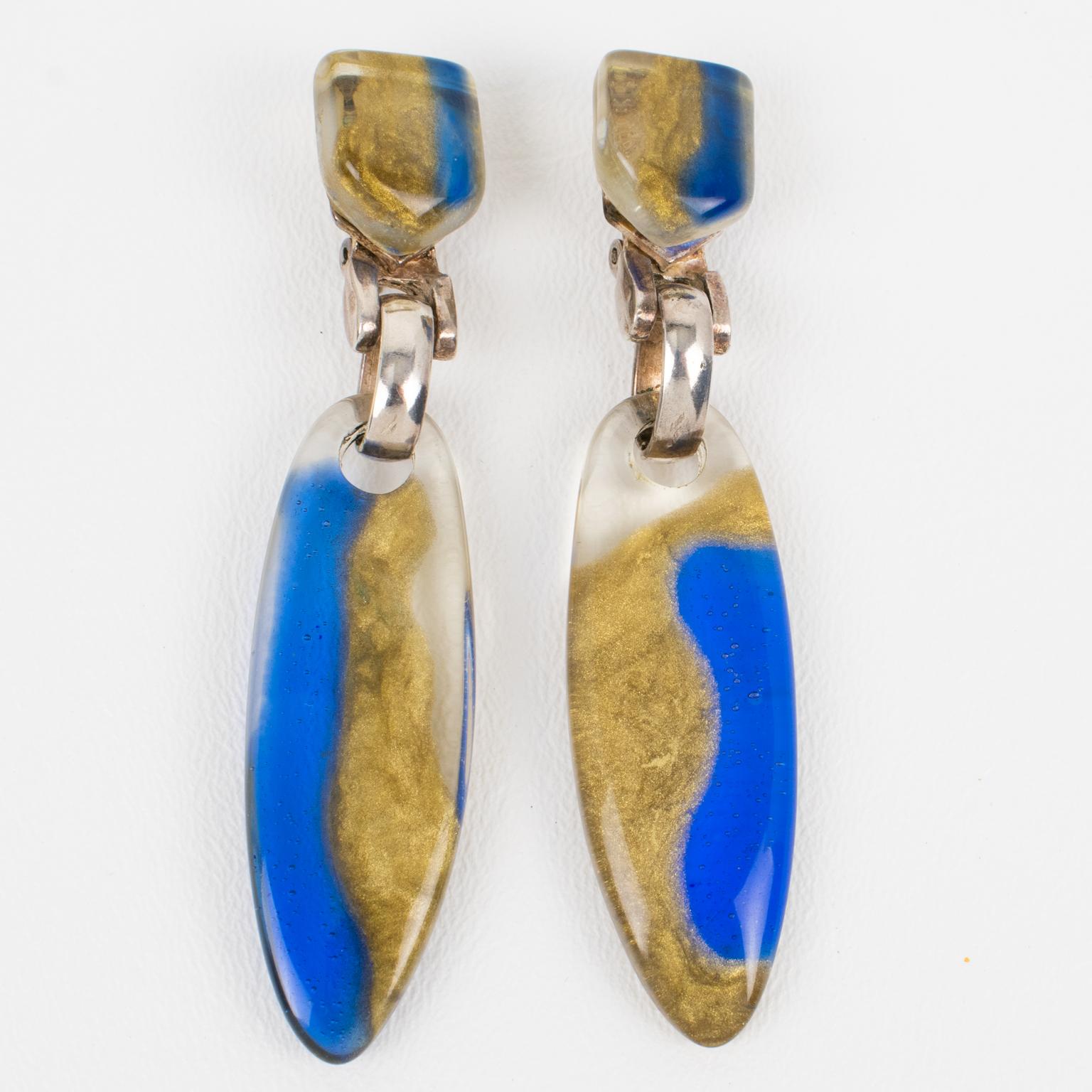 Modern Dominique Denaive Paris Blue and Gold Pearlized Resin Dangle Clip Earrings For Sale