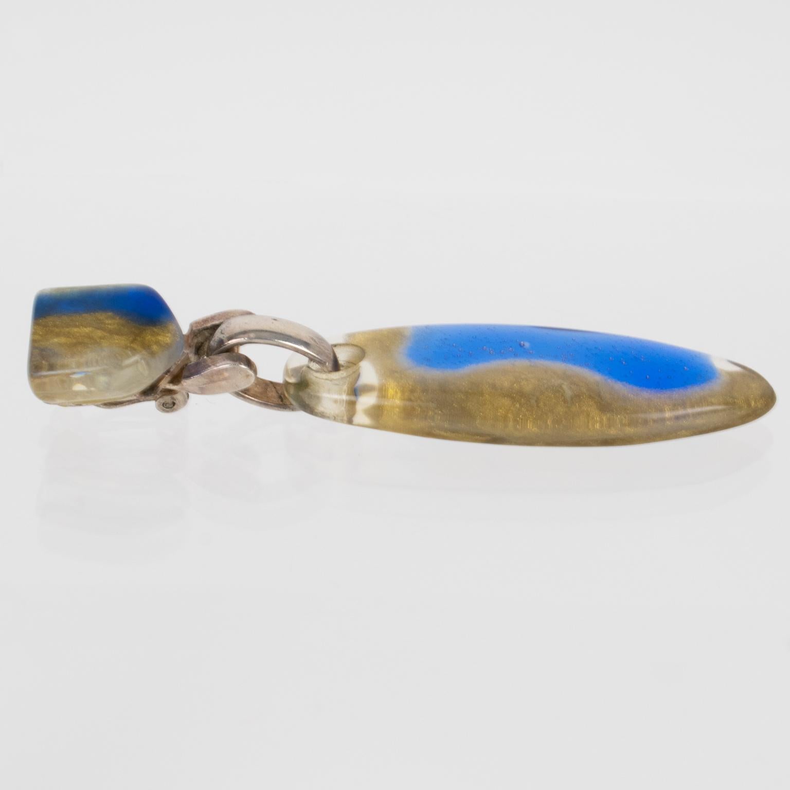 Dominique Denaive Paris Blue and Gold Pearlized Resin Dangle Clip Earrings For Sale 1