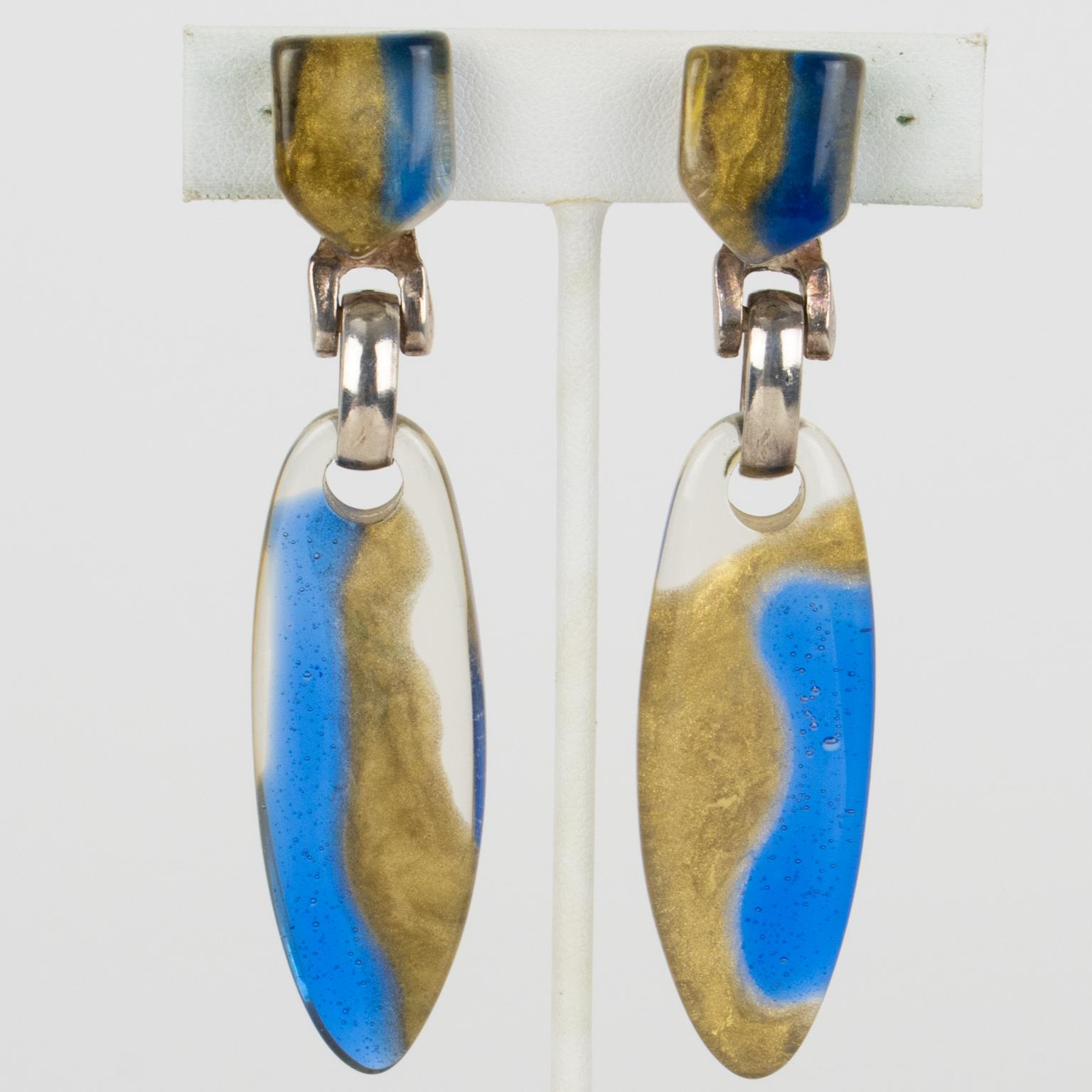 Dominique Denaive Blue and Gold Acrylic Drop Earrings For Sale 2