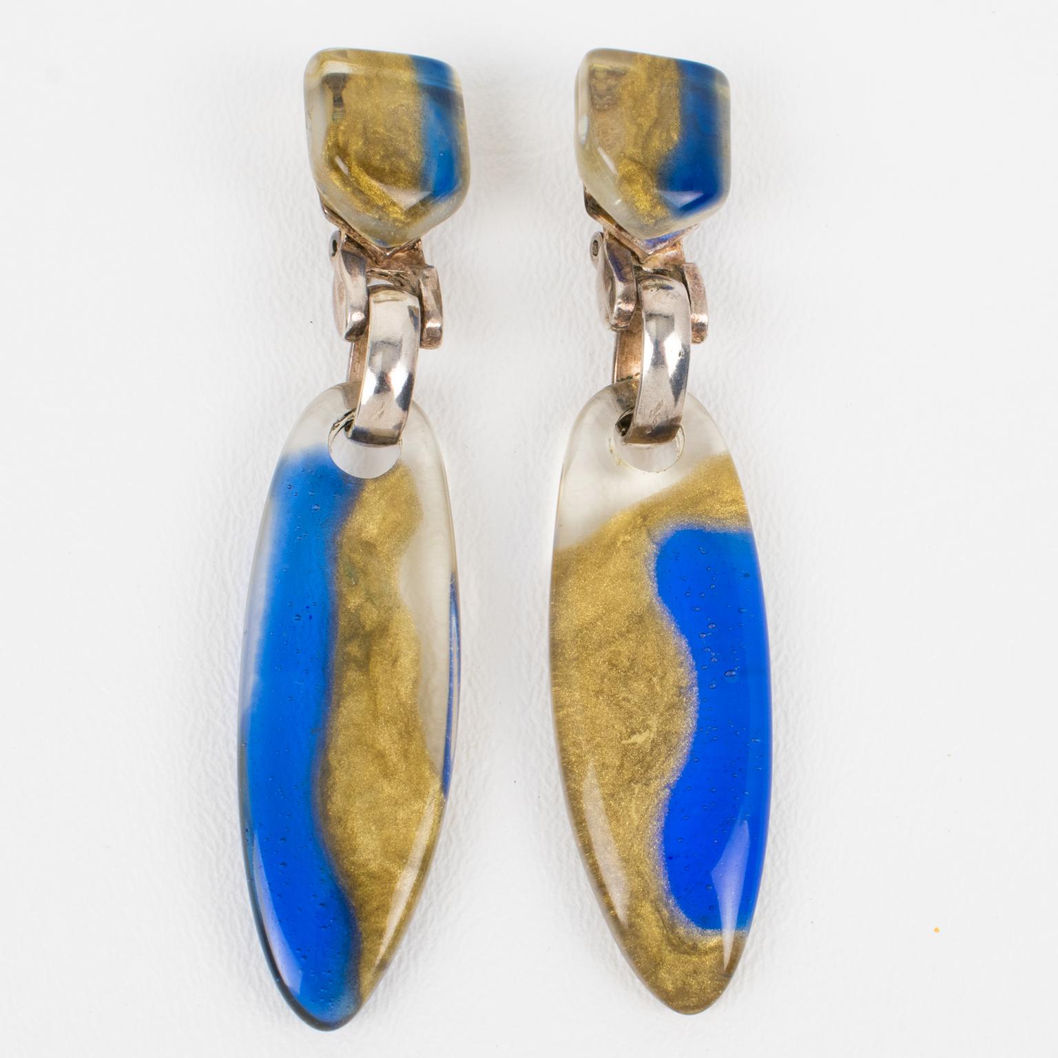 Dominique Denaive Blue and Gold Acrylic Drop Earrings For Sale 3