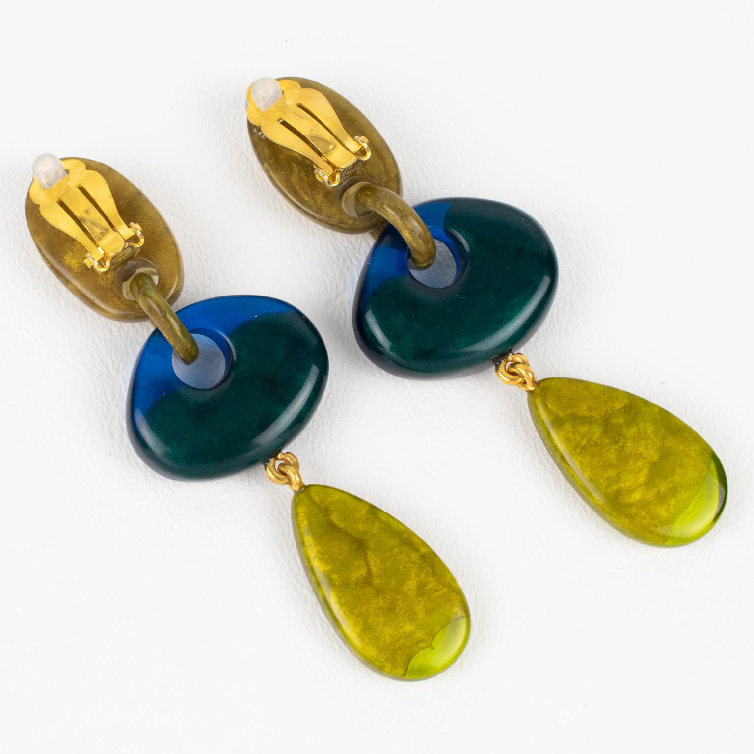 Modern Dominique Denaive Paris Blue and Green Pearlized Resin Dangle Clip Earrings